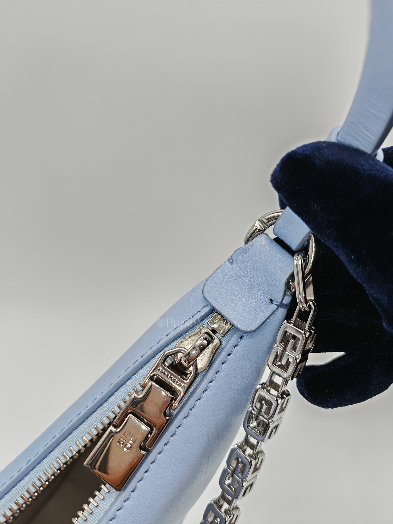 Moon Cut Out Shoulder Bag Small in Baby Blue Smooth Calfskin Leather & Silver Hardware | Purse Maison Luxury Bags Shop