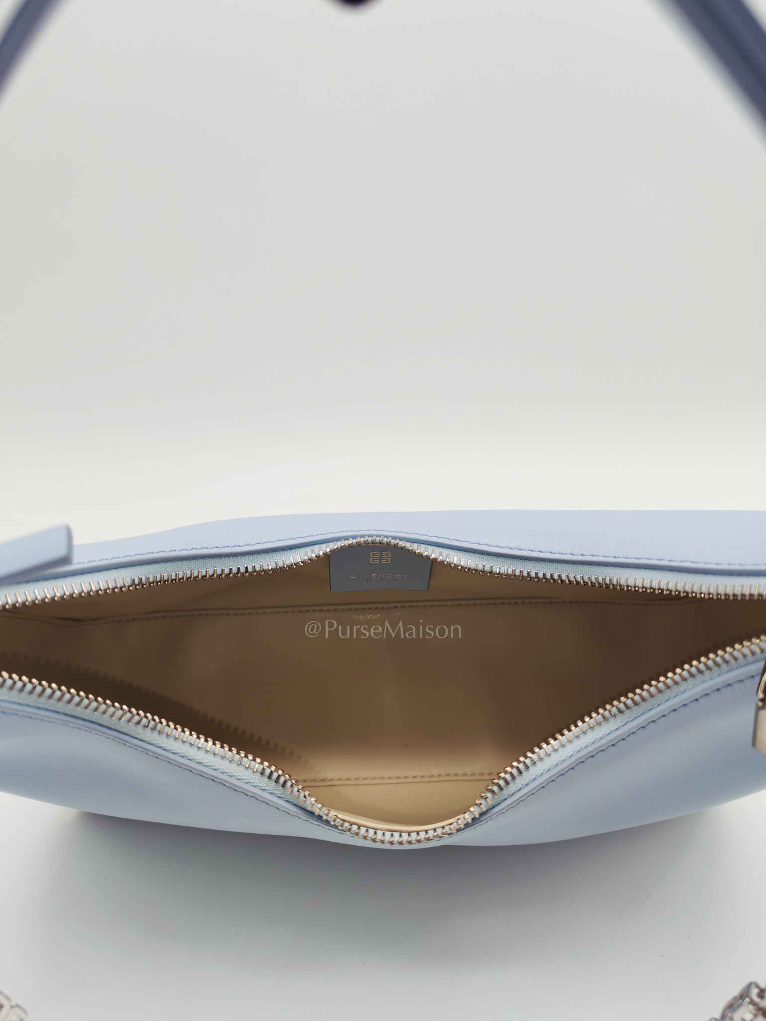 Moon Cut Out Shoulder Bag Small in Baby Blue Smooth Calfskin Leather & Silver Hardware | Purse Maison Luxury Bags Shop