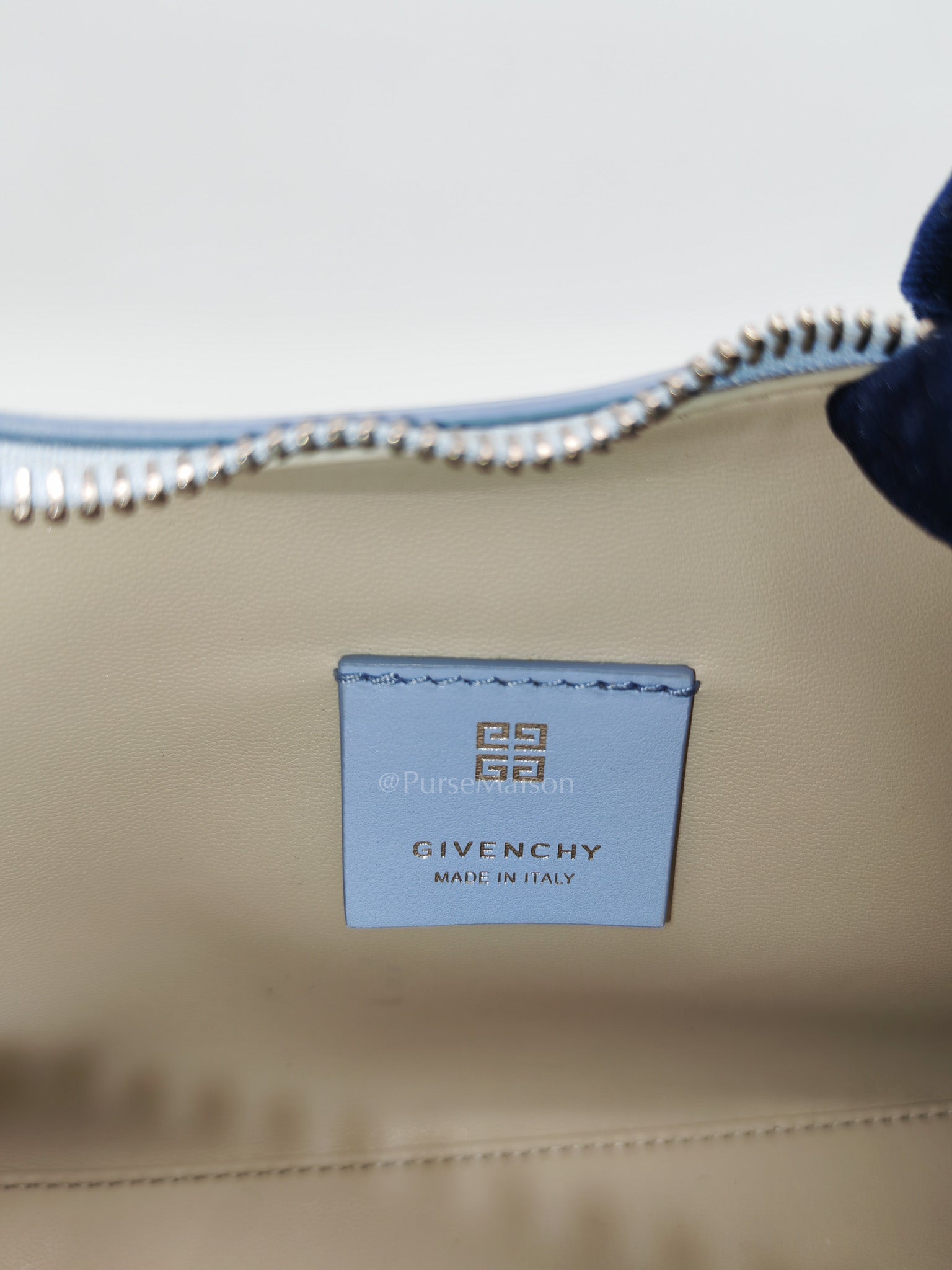 Moon Cut Out Shoulder Bag Small in Baby Blue Smooth Calfskin Leather & Silver Hardware | Purse Maison Luxury Bags Shop