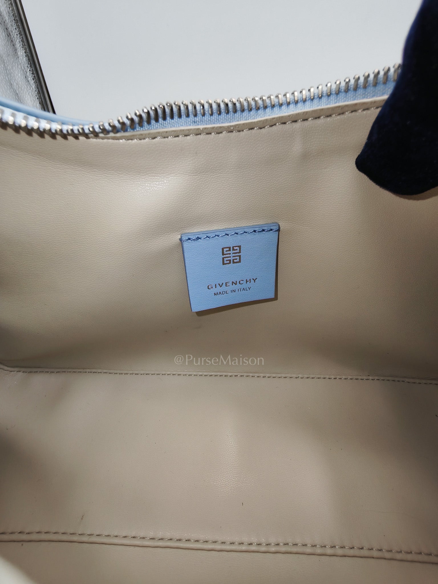 Moon Cut Out Shoulder Bag Small in Baby Blue Smooth Calfskin Leather & Silver Hardware | Purse Maison Luxury Bags Shop