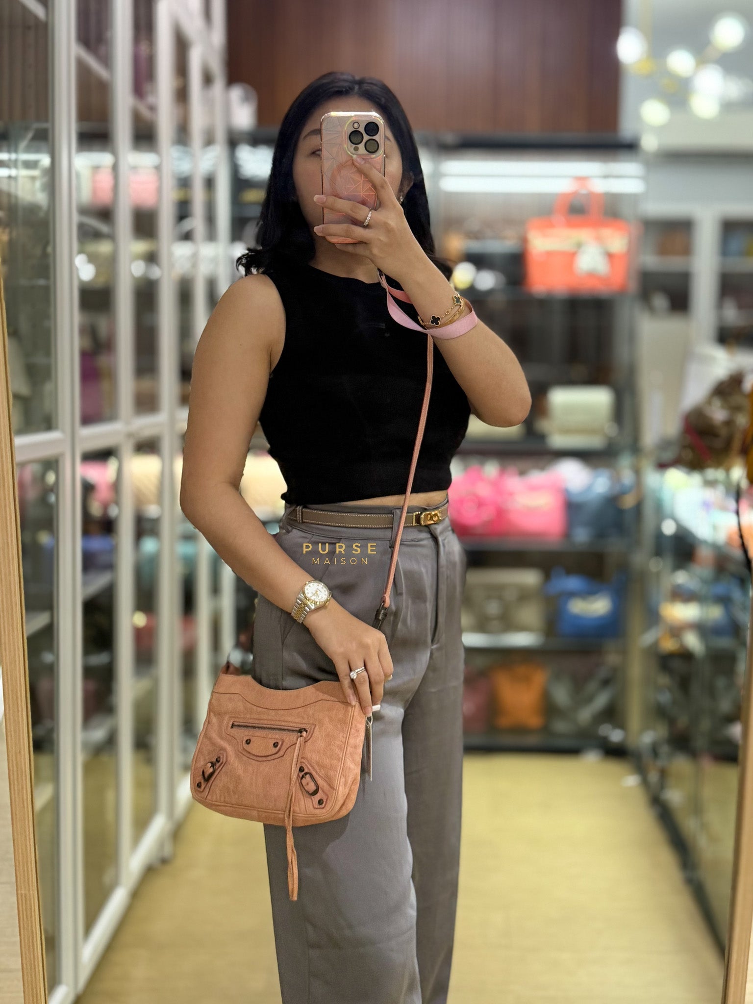 Motocross Classic Hip Crossbody Bag in Coral Pink Leather | Purse Maison Luxury Bags Shop