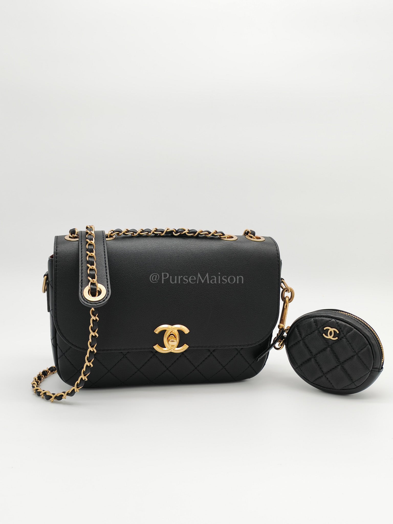 Multi-Pouching Flap Bag with Coin Purse in Black Calfskin Leather and Aged Gold Hardware Series 28 | Purse Maison Luxury Bags Shop