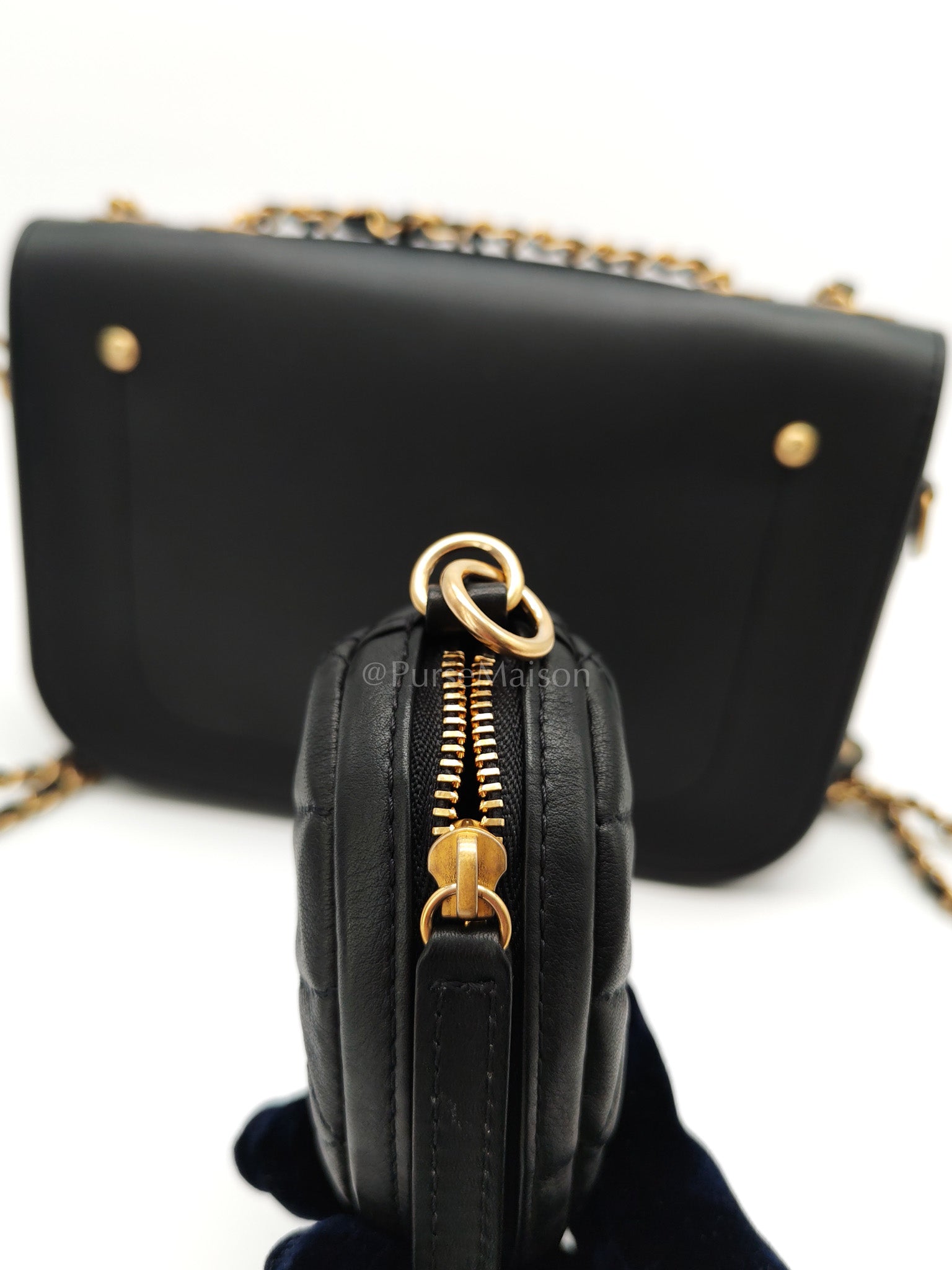 Multi-Pouching Flap Bag with Coin Purse in Black Calfskin Leather and Aged Gold Hardware Series 28 | Purse Maison Luxury Bags Shop