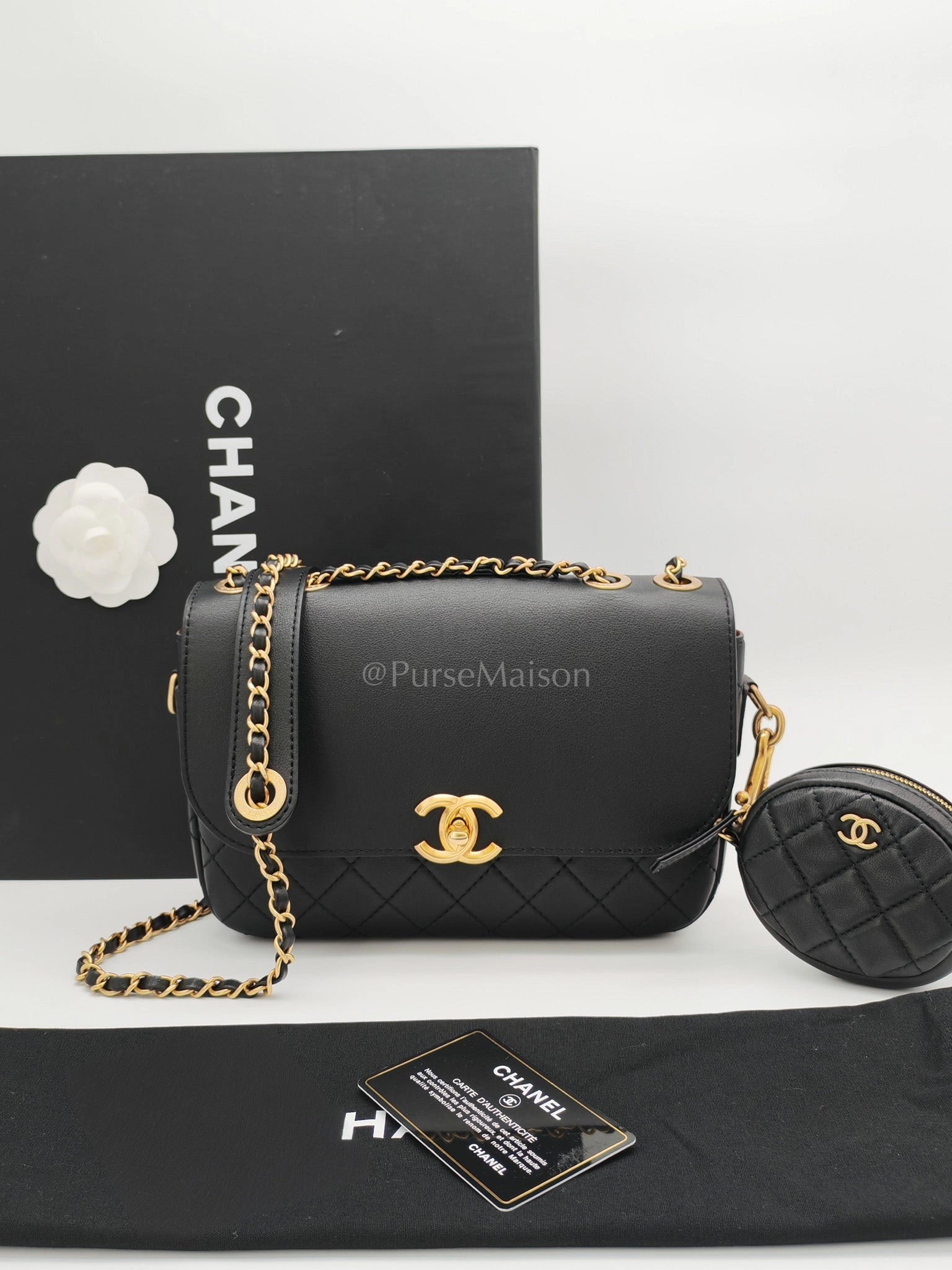 Multi-Pouching Flap Bag with Coin Purse in Black Calfskin Leather and Aged Gold Hardware Series 28 | Purse Maison Luxury Bags Shop