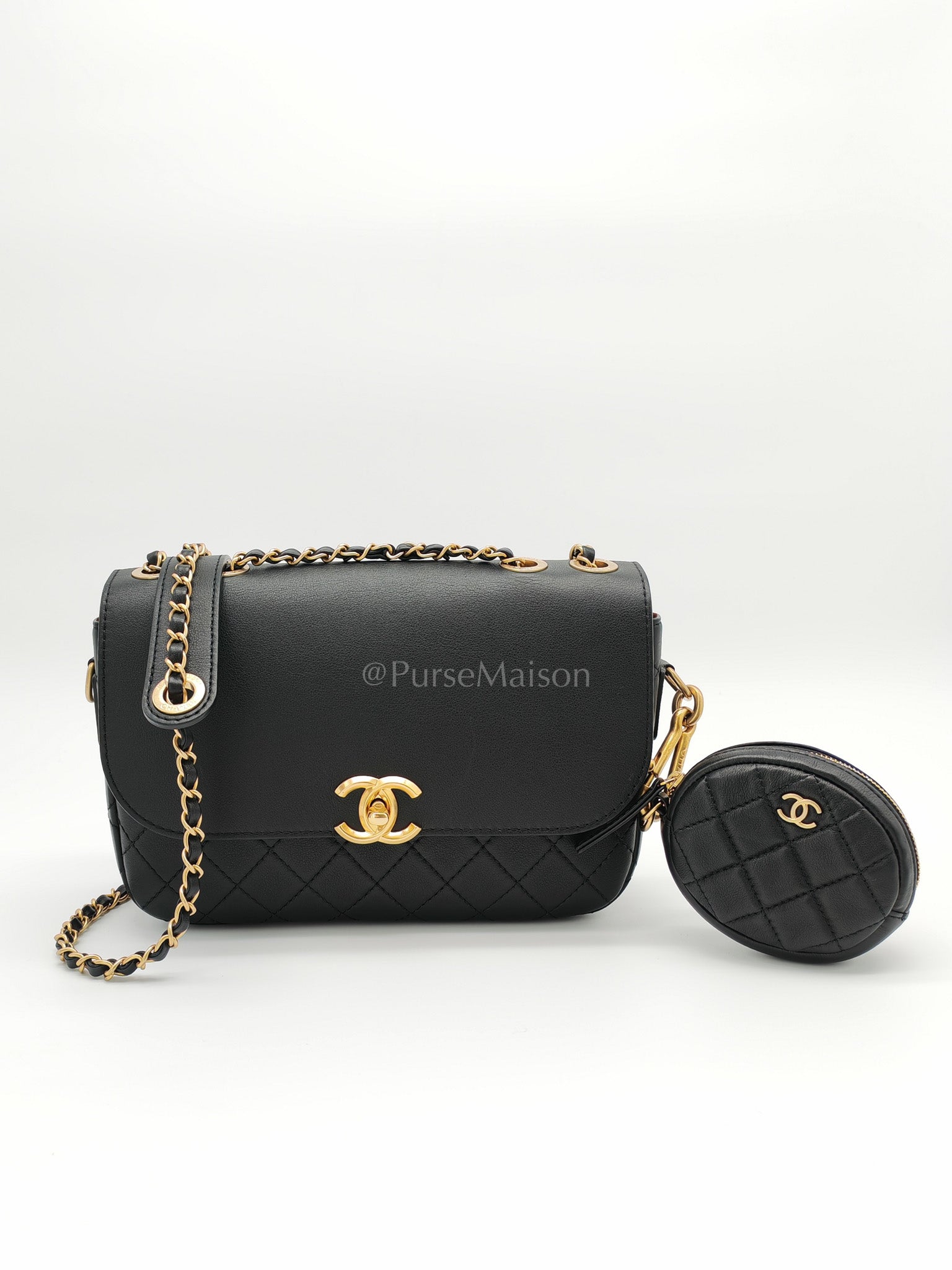 Multi-Pouching Flap Bag with Coin Purse in Black Calfskin Leather and Aged Gold Hardware Series 28 | Purse Maison Luxury Bags Shop