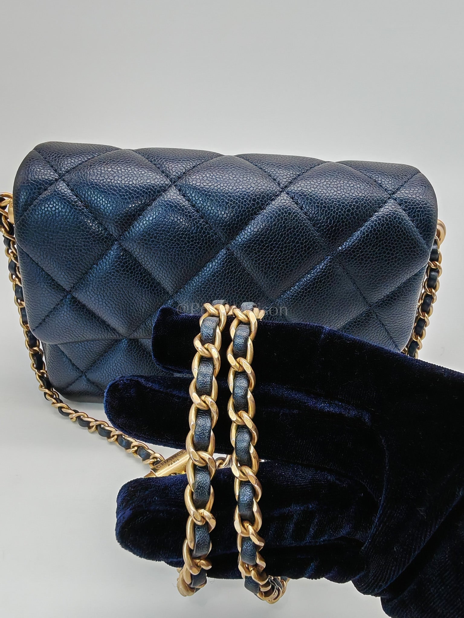 My Perfect Mini Flap Bag Iridescent Blue Caviar Leather and Aged Gold Hardware (Microchip) | Purse Maison Luxury Bags Shop