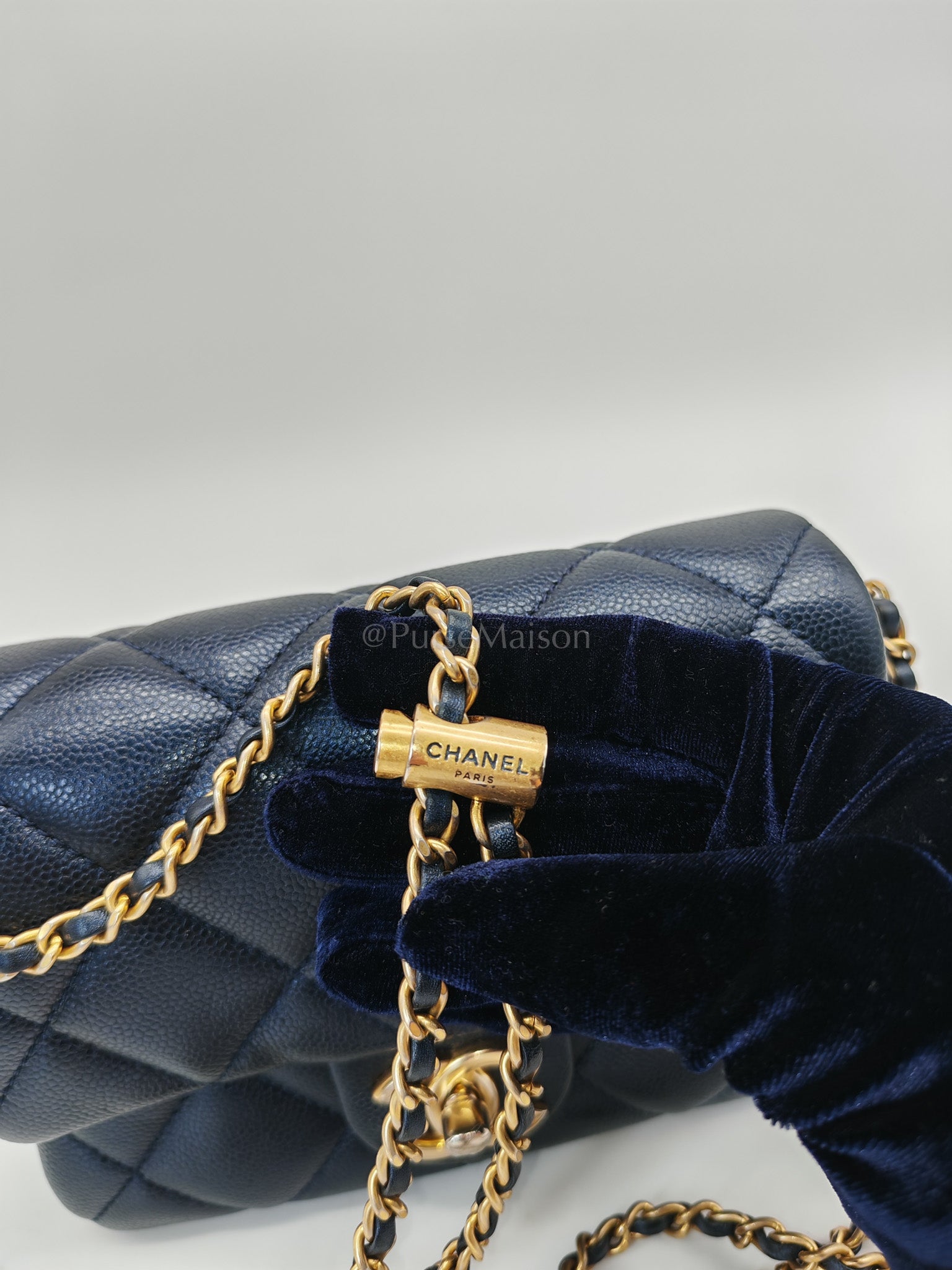 My Perfect Mini Flap Bag Iridescent Blue Caviar Leather and Aged Gold Hardware (Microchip) | Purse Maison Luxury Bags Shop