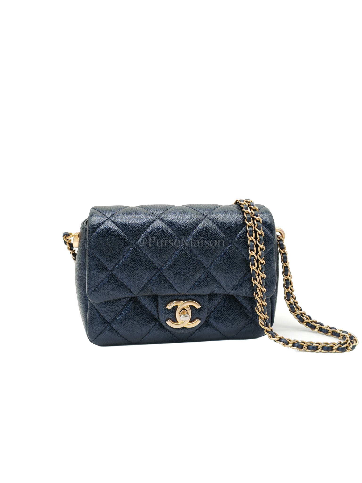 My Perfect Mini Flap Bag Iridescent Blue Caviar Leather and Aged Gold Hardware (Microchip) | Purse Maison Luxury Bags Shop