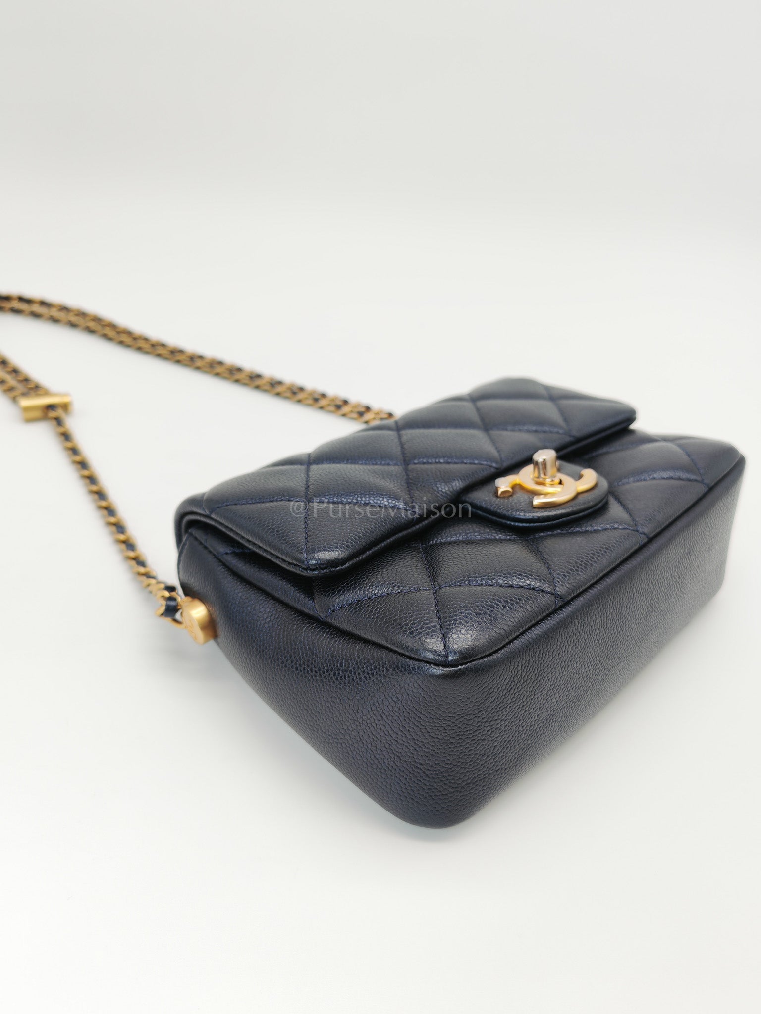 My Perfect Mini Flap Bag Iridescent Blue Caviar Leather and Aged Gold Hardware (Microchip) | Purse Maison Luxury Bags Shop