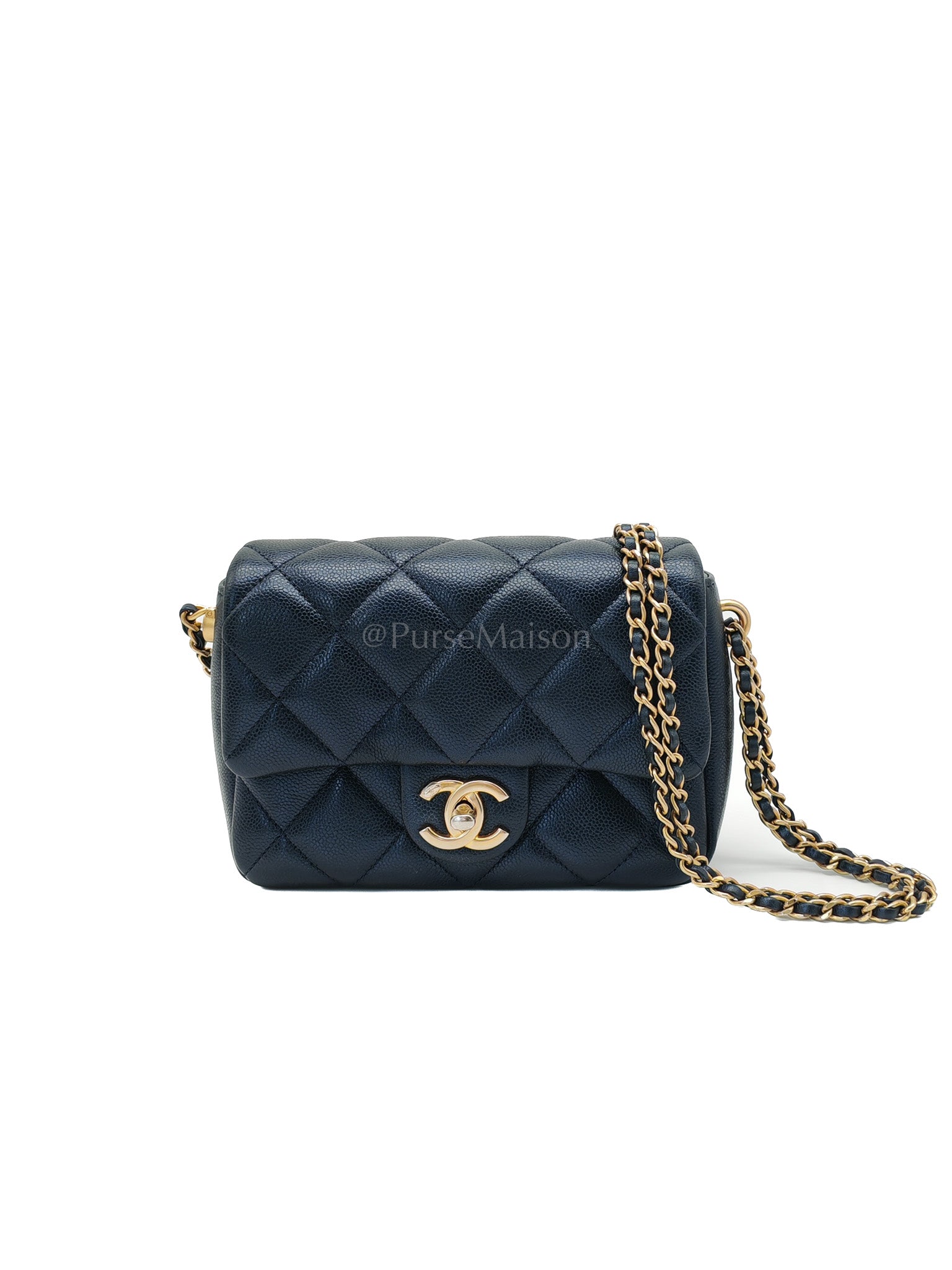 My Perfect Mini Flap Bag Iridescent Blue Caviar Leather and Aged Gold Hardware (Microchip) | Purse Maison Luxury Bags Shop