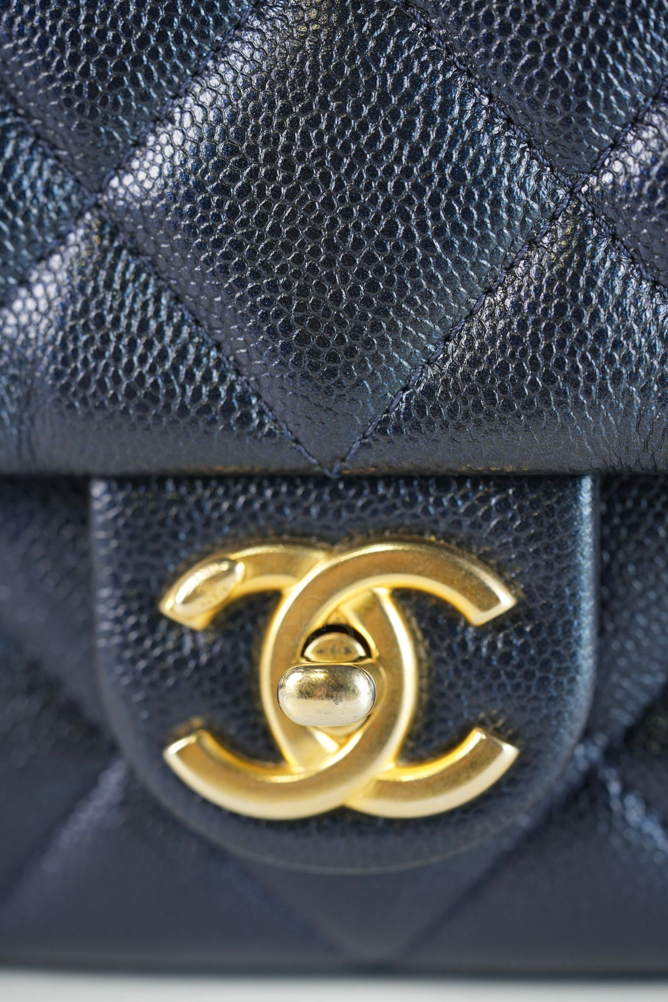 My Perfect Mini Iridescent Navy Blue in Quilted Caviar Leather and Aged Gold Hardware (Microchip) | Purse Maison Luxury Bags Shop