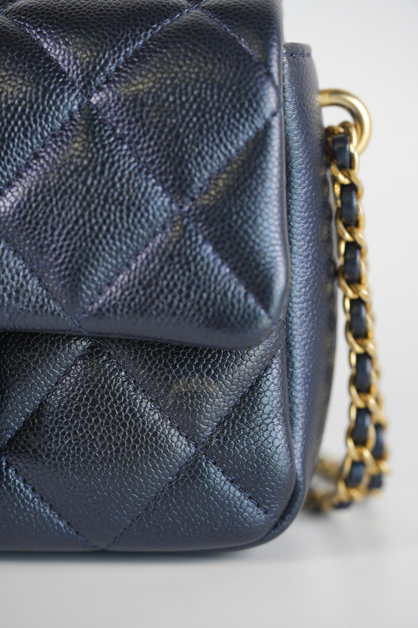 My Perfect Mini Iridescent Navy Blue in Quilted Caviar Leather and Aged Gold Hardware (Microchip) | Purse Maison Luxury Bags Shop
