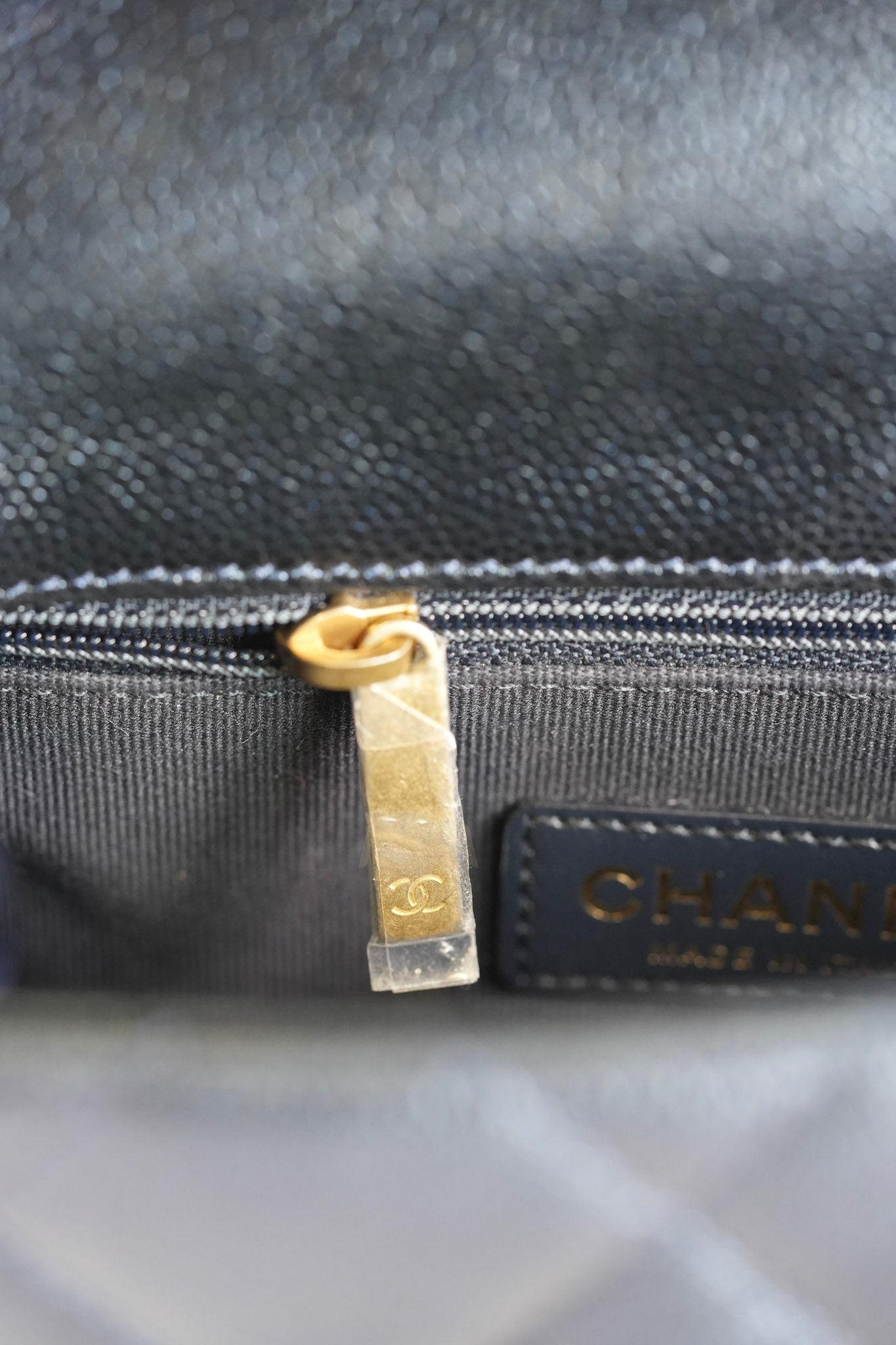 My Perfect Mini Iridescent Navy Blue in Quilted Caviar Leather and Aged Gold Hardware (Microchip) | Purse Maison Luxury Bags Shop