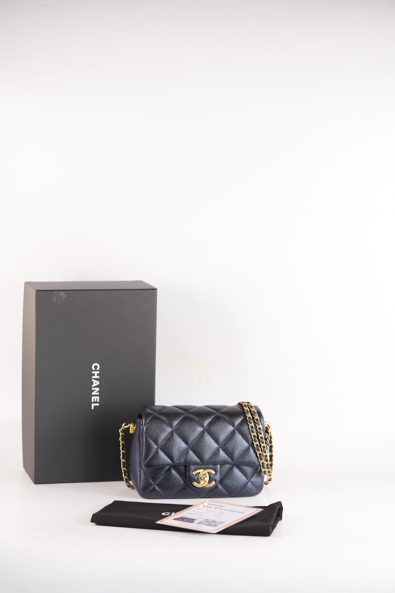 My Perfect Mini Iridescent Navy Blue in Quilted Caviar Leather and Aged Gold Hardware (Microchip) | Purse Maison Luxury Bags Shop