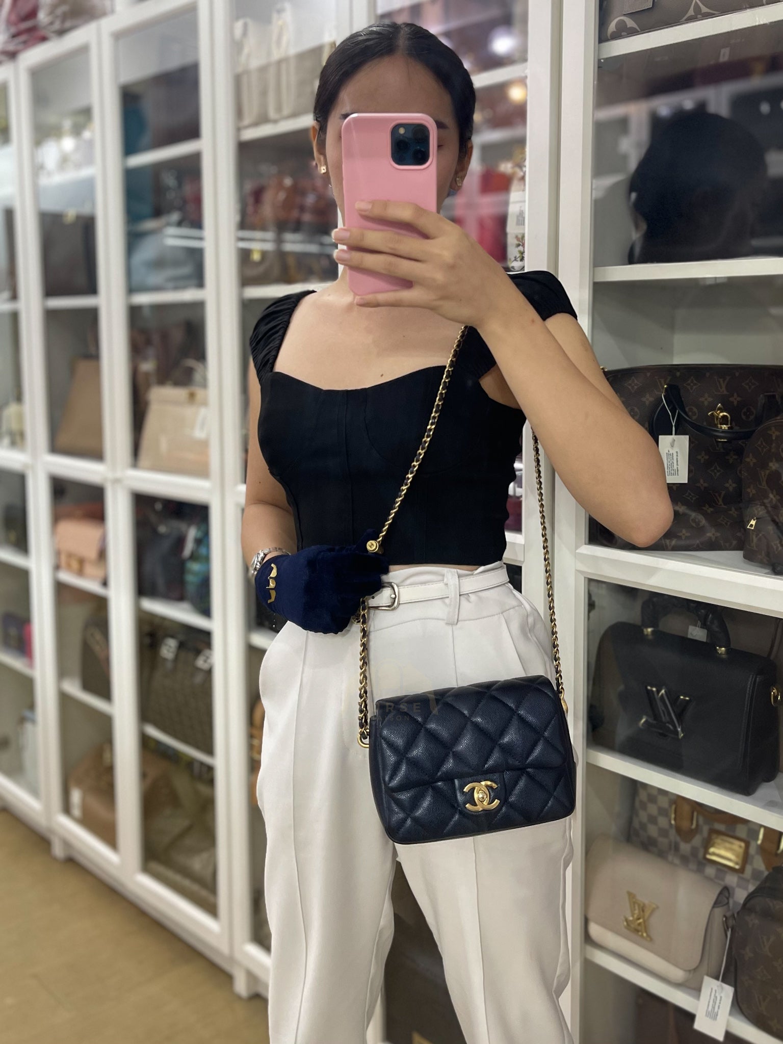 My Perfect Mini Iridescent Navy Blue in Quilted Caviar Leather and Aged Gold Hardware (Microchip) | Purse Maison Luxury Bags Shop