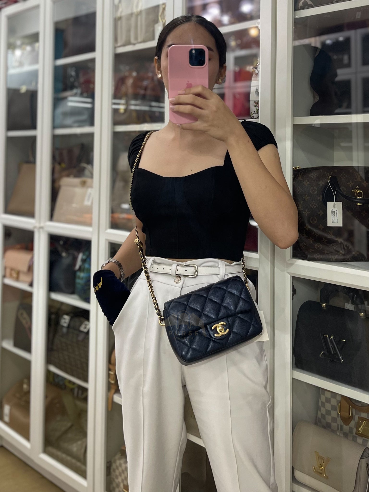 My Perfect Mini Iridescent Navy Blue in Quilted Caviar Leather and Aged Gold Hardware (Microchip) | Purse Maison Luxury Bags Shop