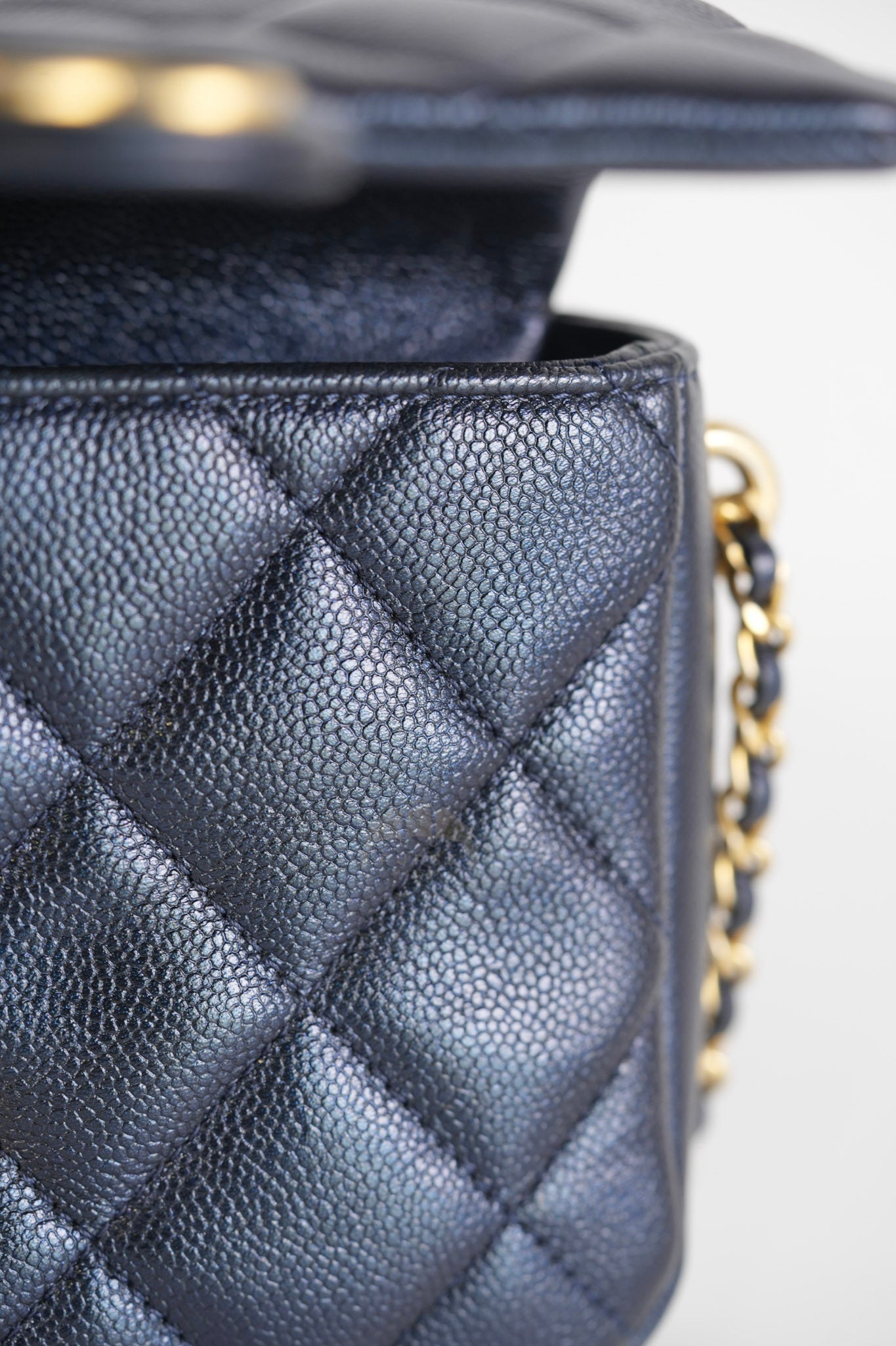 My Perfect Mini Iridescent Navy Blue in Quilted Caviar Leather and Aged Gold Hardware (Microchip) | Purse Maison Luxury Bags Shop