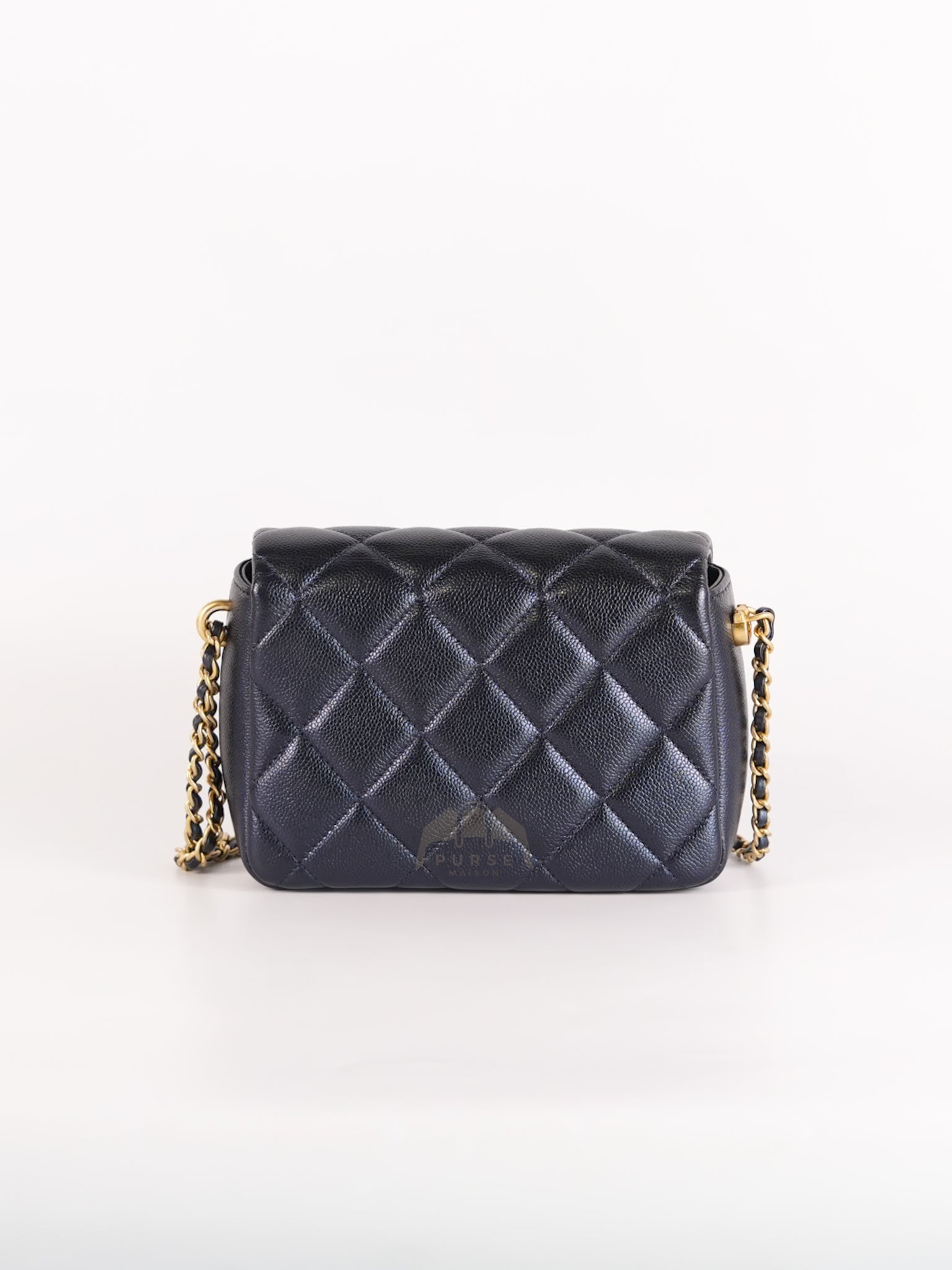 My Perfect Mini Iridescent Navy Blue in Quilted Caviar Leather and Aged Gold Hardware (Microchip) | Purse Maison Luxury Bags Shop