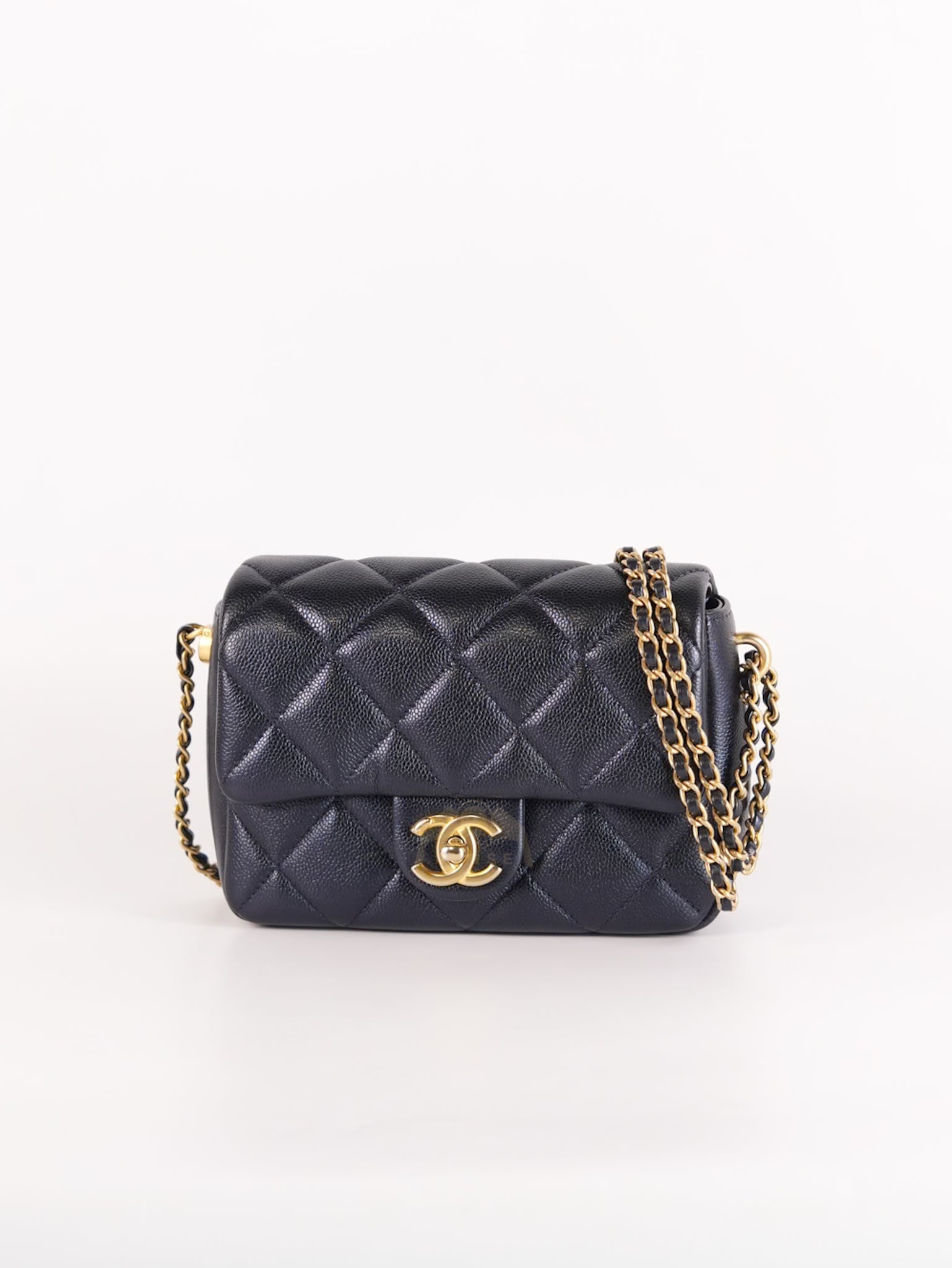 My Perfect Mini Iridescent Navy Blue in Quilted Caviar Leather and Aged Gold Hardware (Microchip) | Purse Maison Luxury Bags Shop