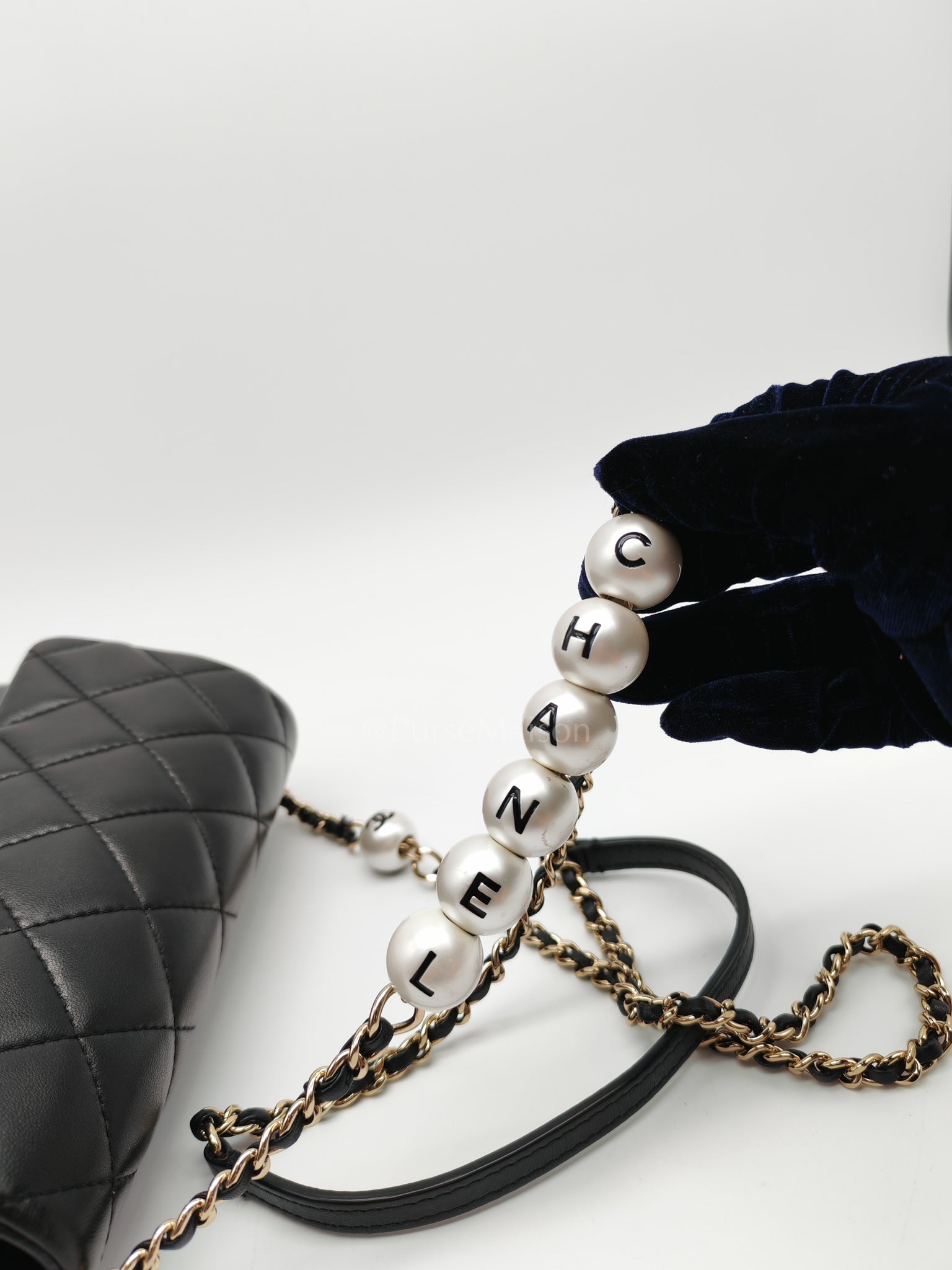 My Precious Pearls Chain Flap in Black Lambskin and Light Gold Hardware Series 29 | Purse Maison Luxury Bags Shop