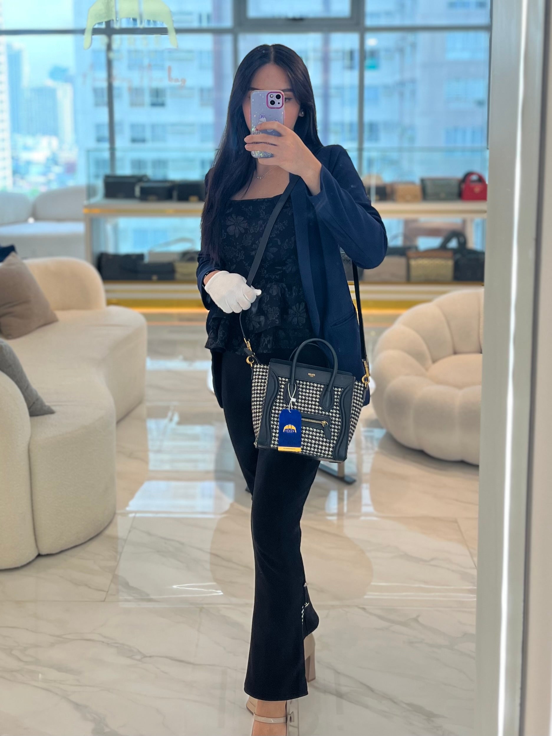 Nano Luggage Bag in Tweed Black & White Canvas | Purse Maison Luxury Bags Shop