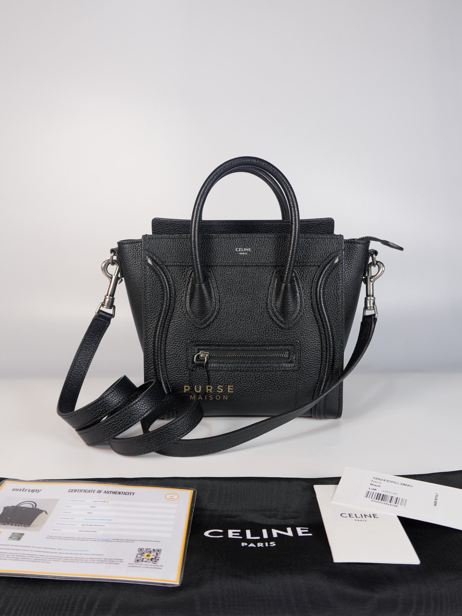 Nano Luggage Black Drummed Calfskin Leather Bag | Purse Maison Luxury Bags Shop