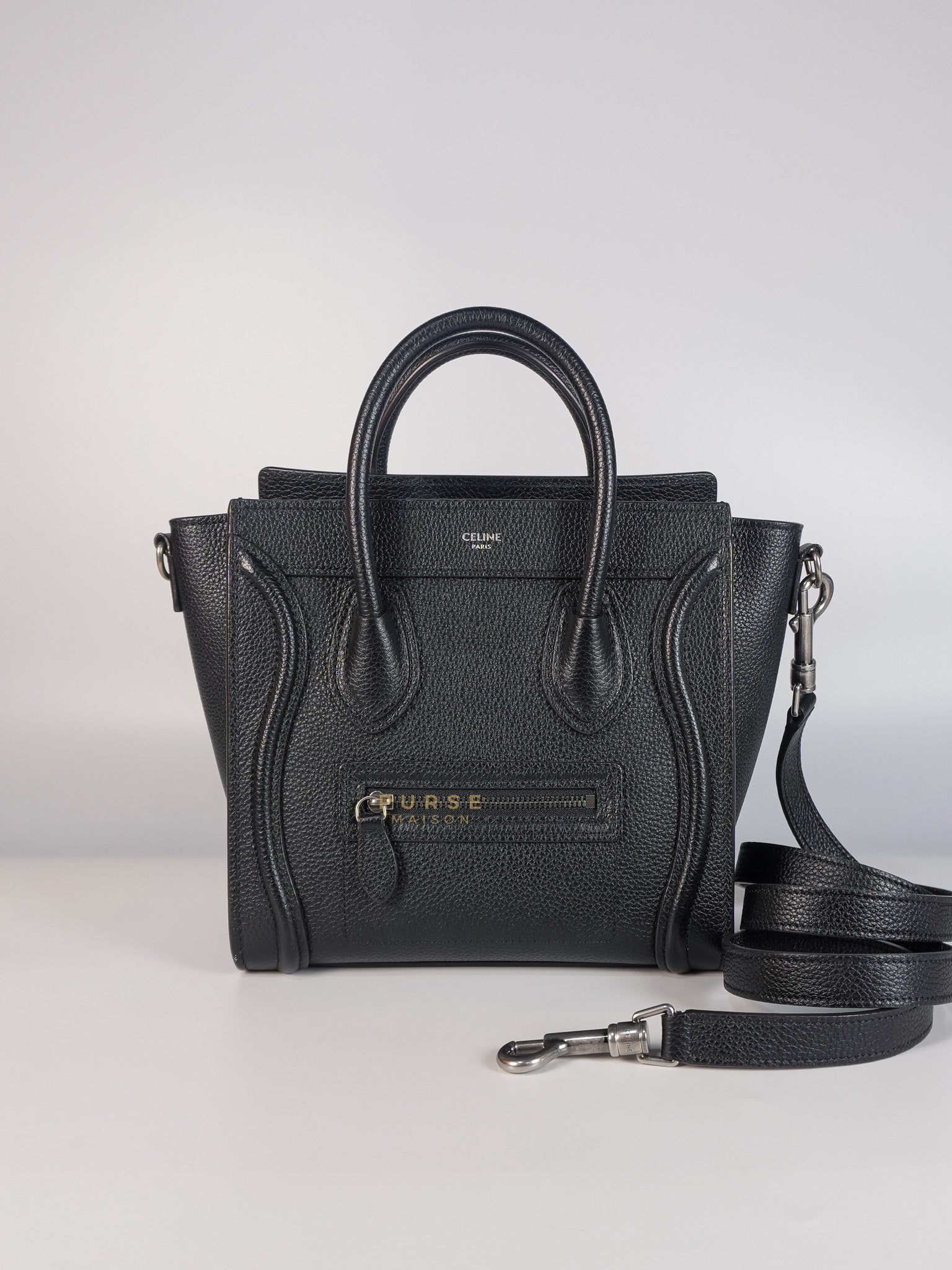 Nano Luggage Black Drummed Calfskin Leather Bag | Purse Maison Luxury Bags Shop