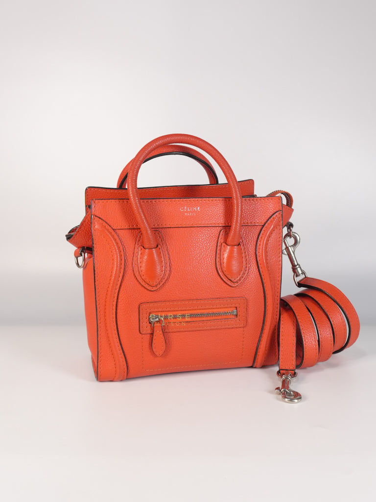 Nano Luggage Red Orange Drummed Calfskin Leather | Purse Maison Luxury Bags Shop