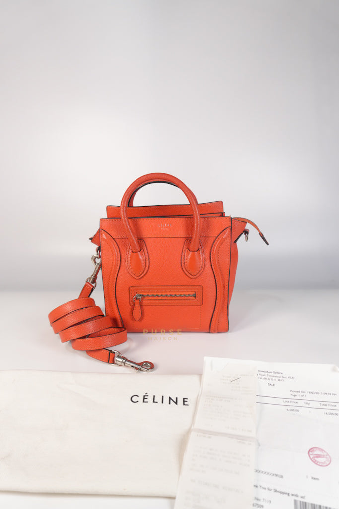 Nano Luggage Red Orange Drummed Calfskin Leather | Purse Maison Luxury Bags Shop