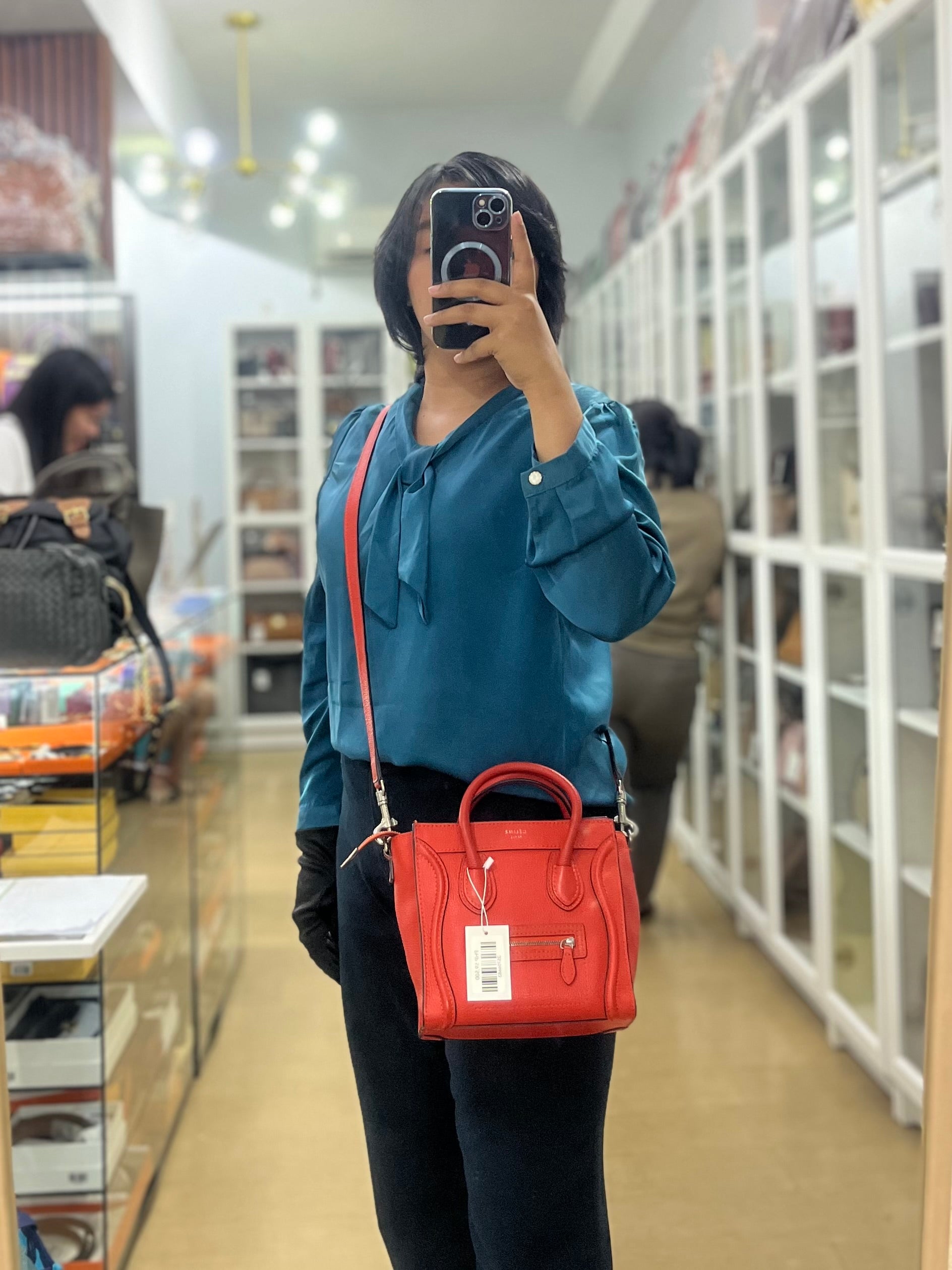 Nano Luggage Red Orange Drummed Calfskin Leather | Purse Maison Luxury Bags Shop