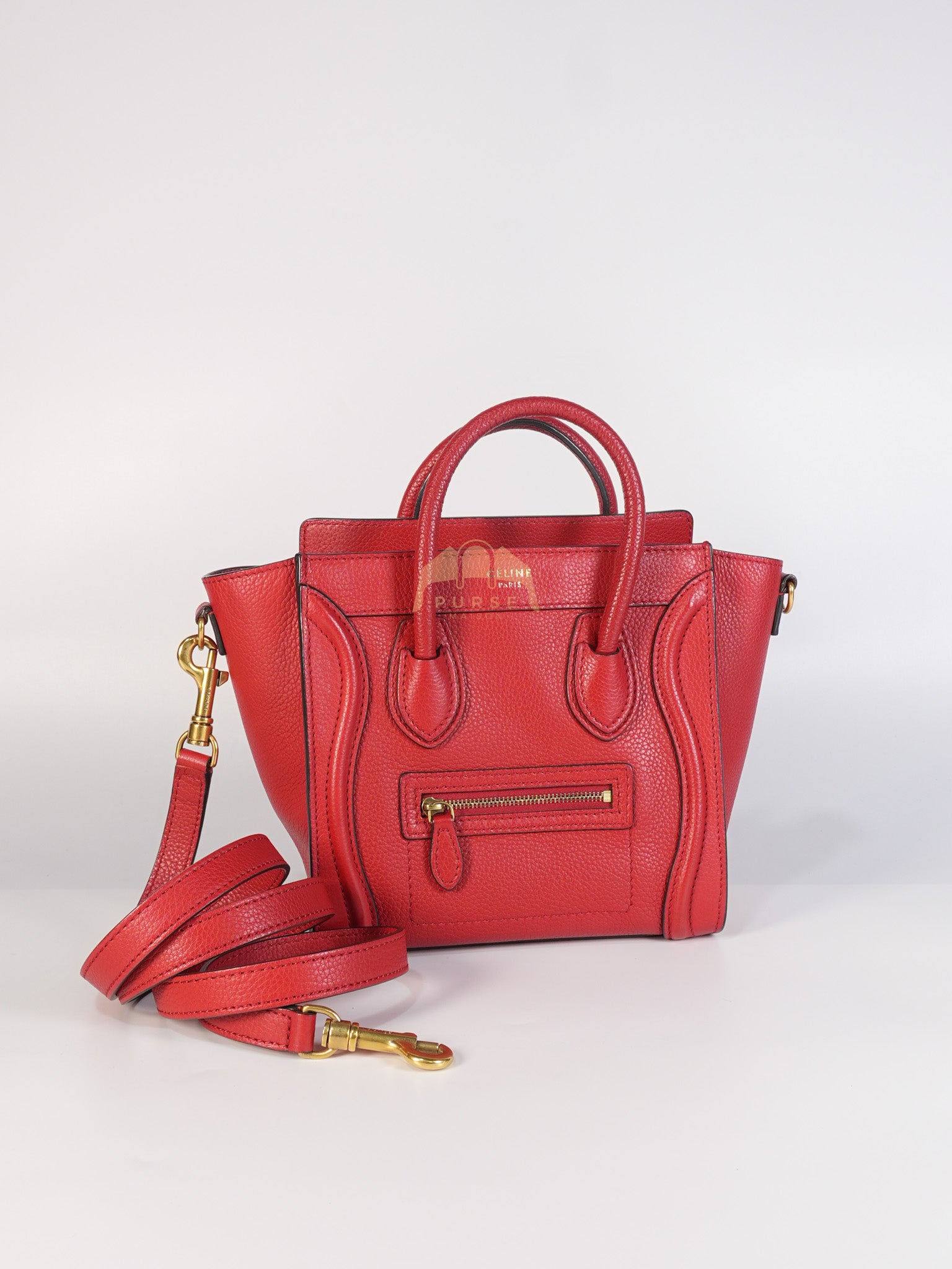 Nano Luggage Tote Bag in Red Grained Calfskin Leather & Gold Hardware | Purse Maison Luxury Bags Shop