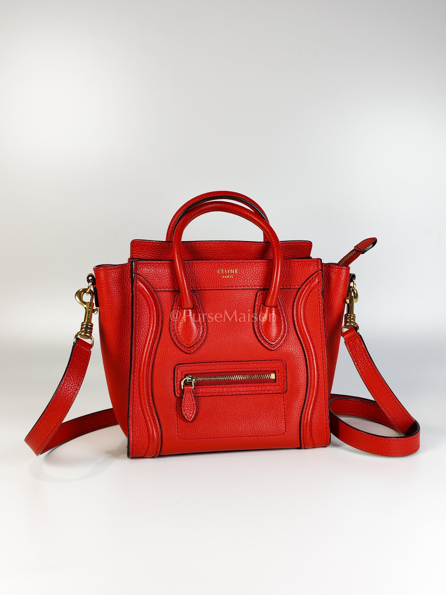 Nano Luggage Tote Bag in Red Grained Calfskin Leather | Purse Maison Luxury Bags Shop