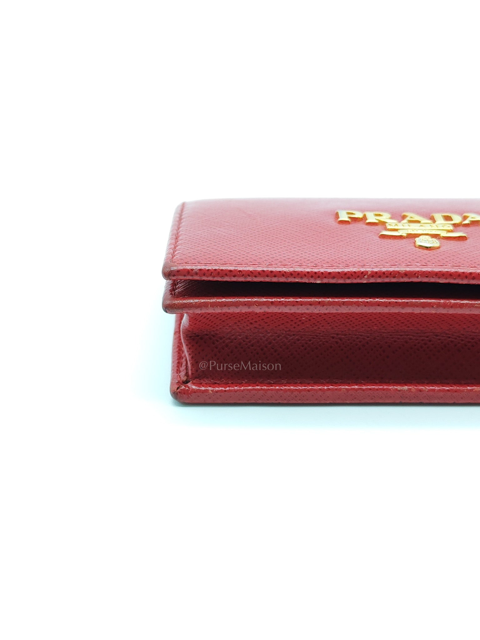 Card Case in Red Saffiano Leather & Gold Hardware