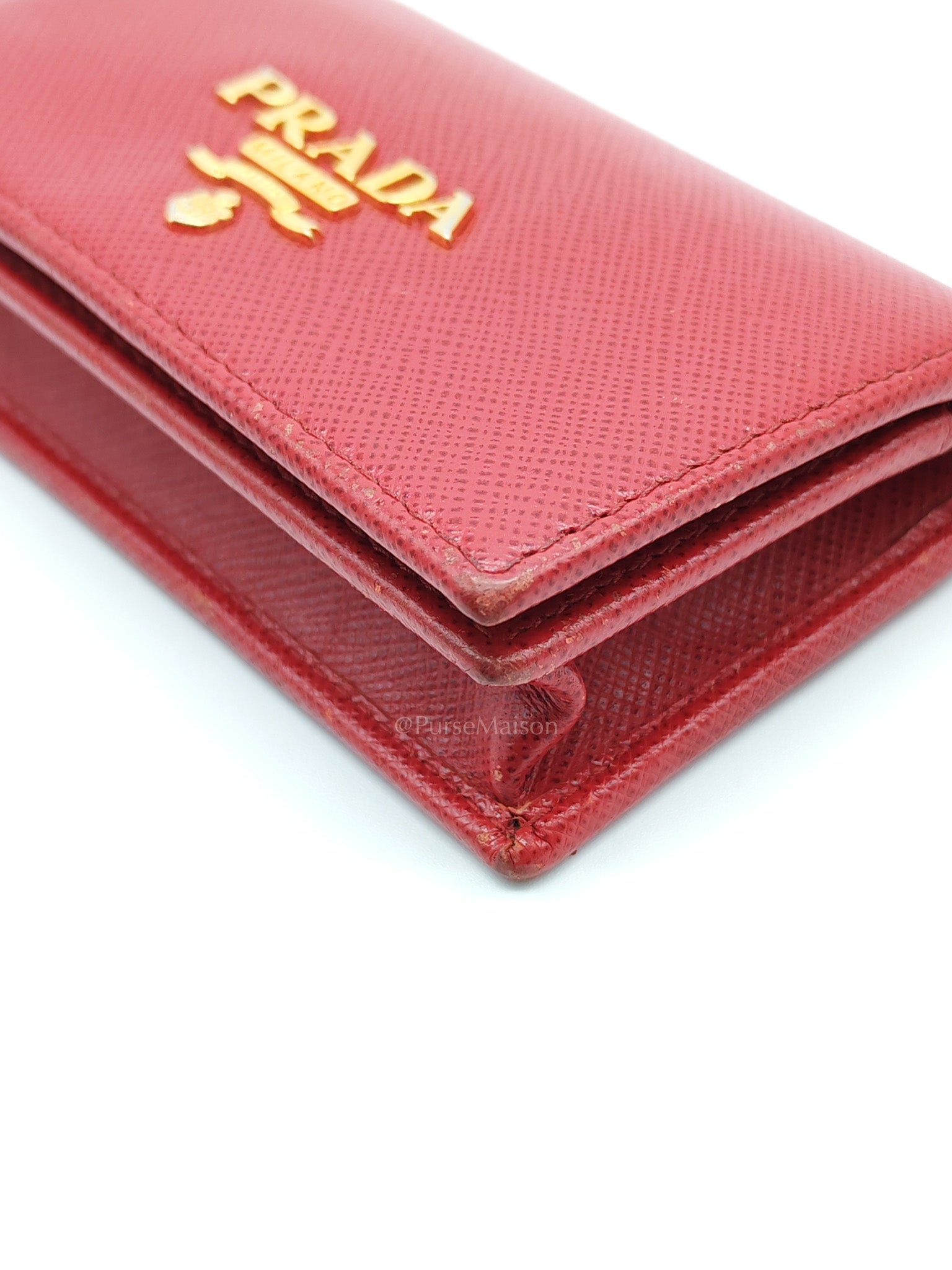 Card Case in Red Saffiano Leather & Gold Hardware