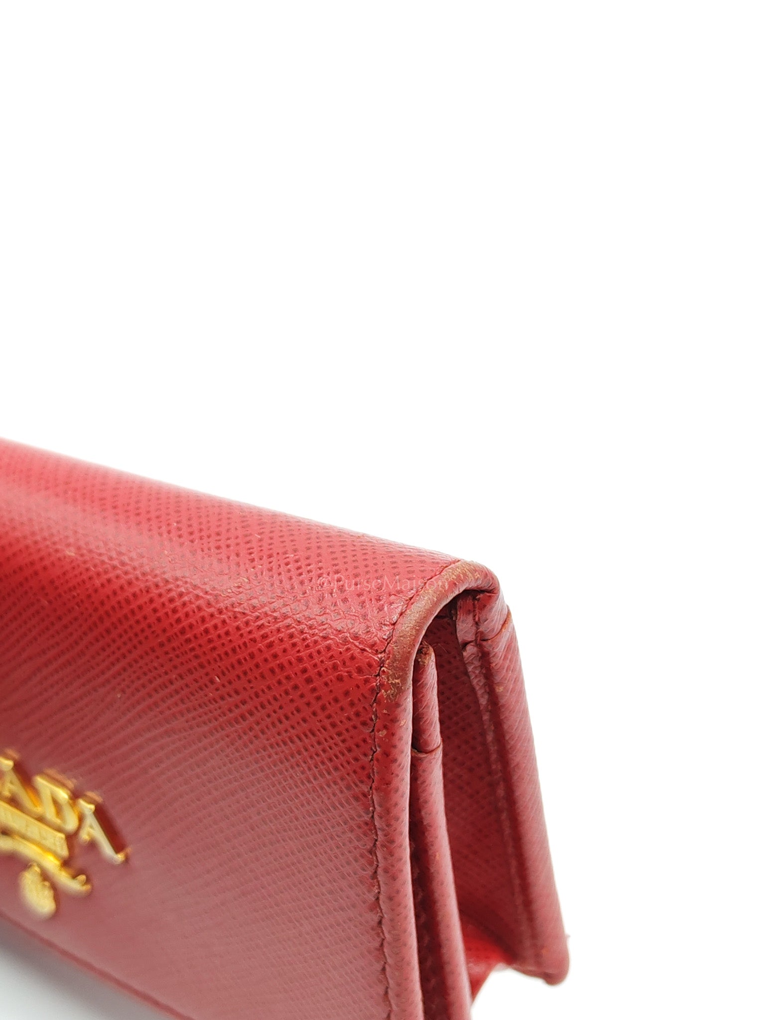Card Case in Red Saffiano Leather & Gold Hardware