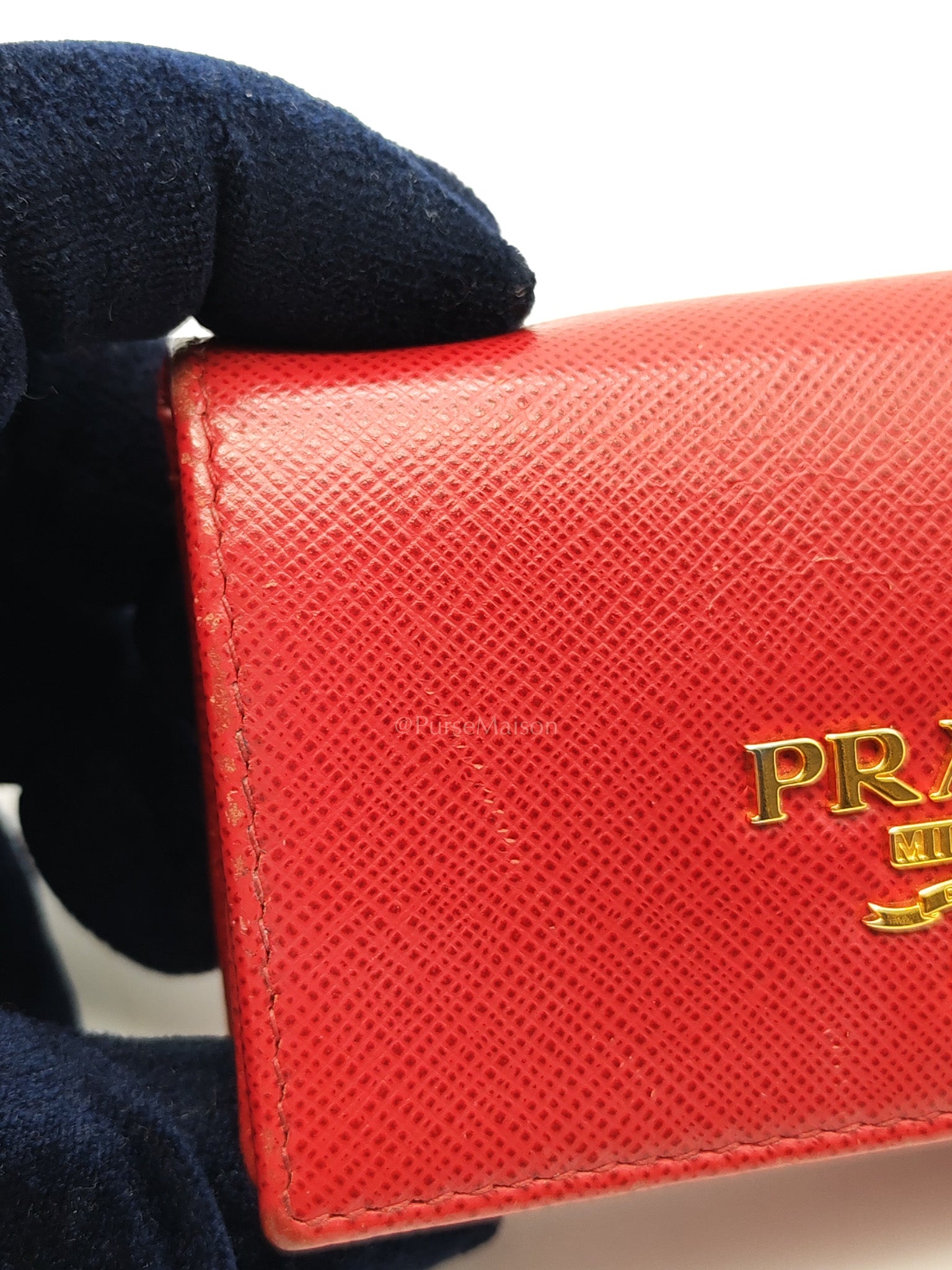 Card Case in Red Saffiano Leather & Gold Hardware