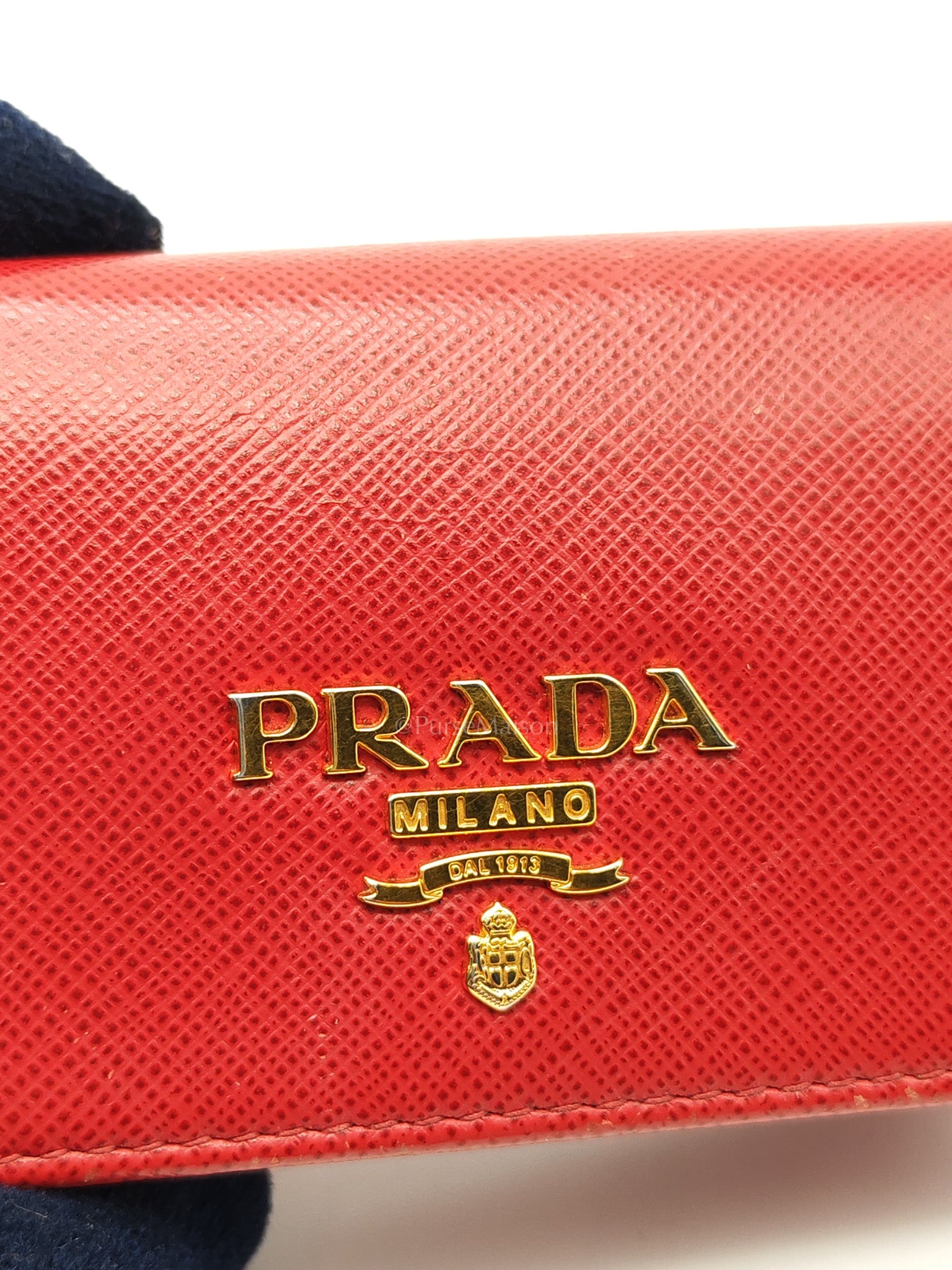 Card Case in Red Saffiano Leather & Gold Hardware