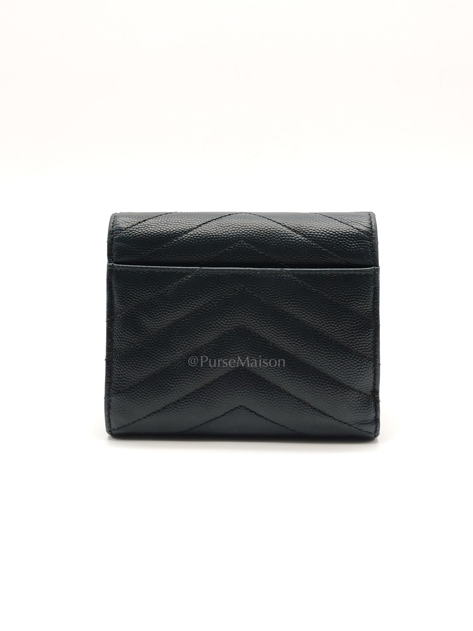 Compact Tri-fold Wallet In Black Grain de Poudre Embossed Leather & Silver Hardware