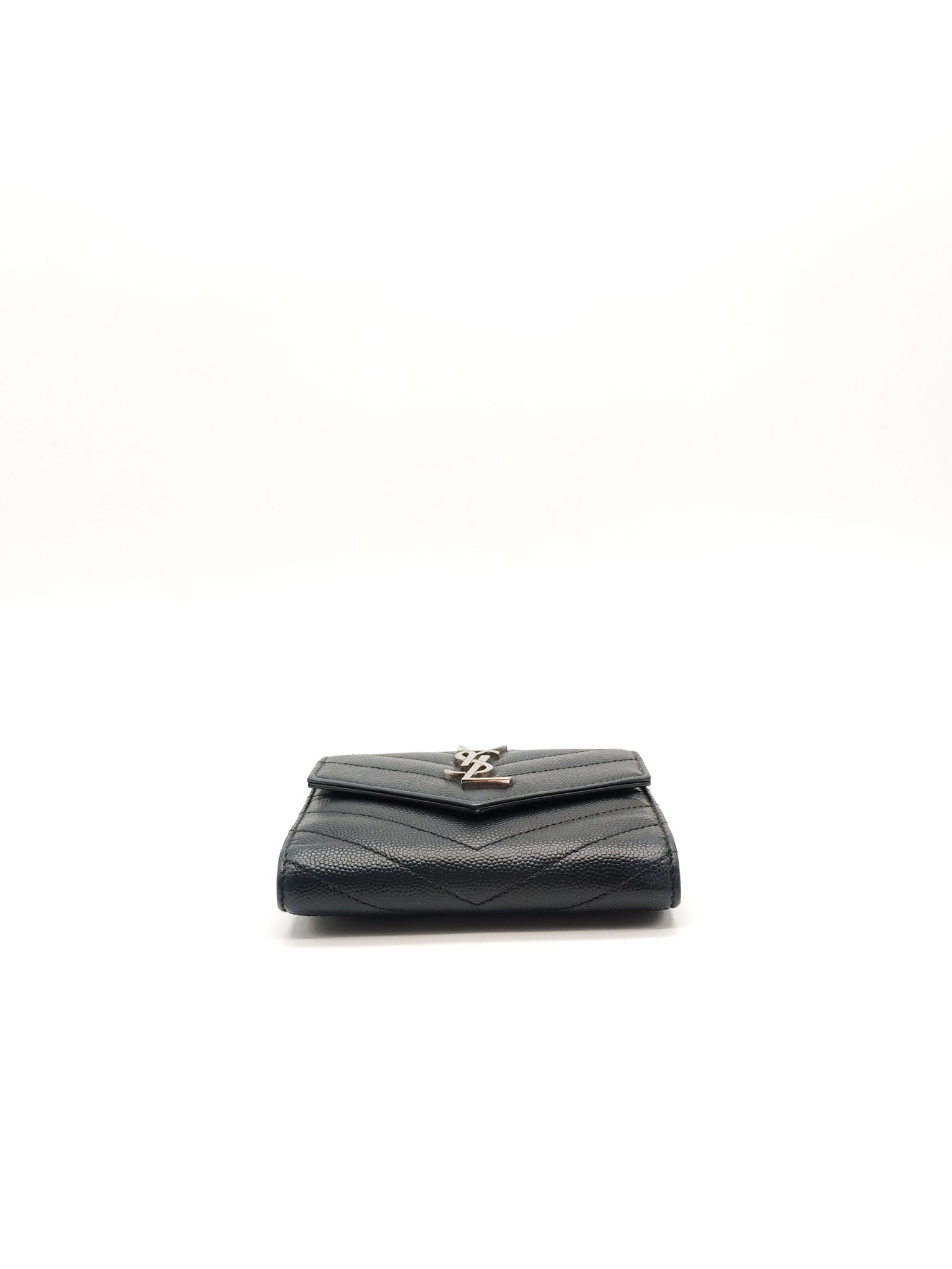 Compact Tri-fold Wallet In Black Grain de Poudre Embossed Leather & Silver Hardware