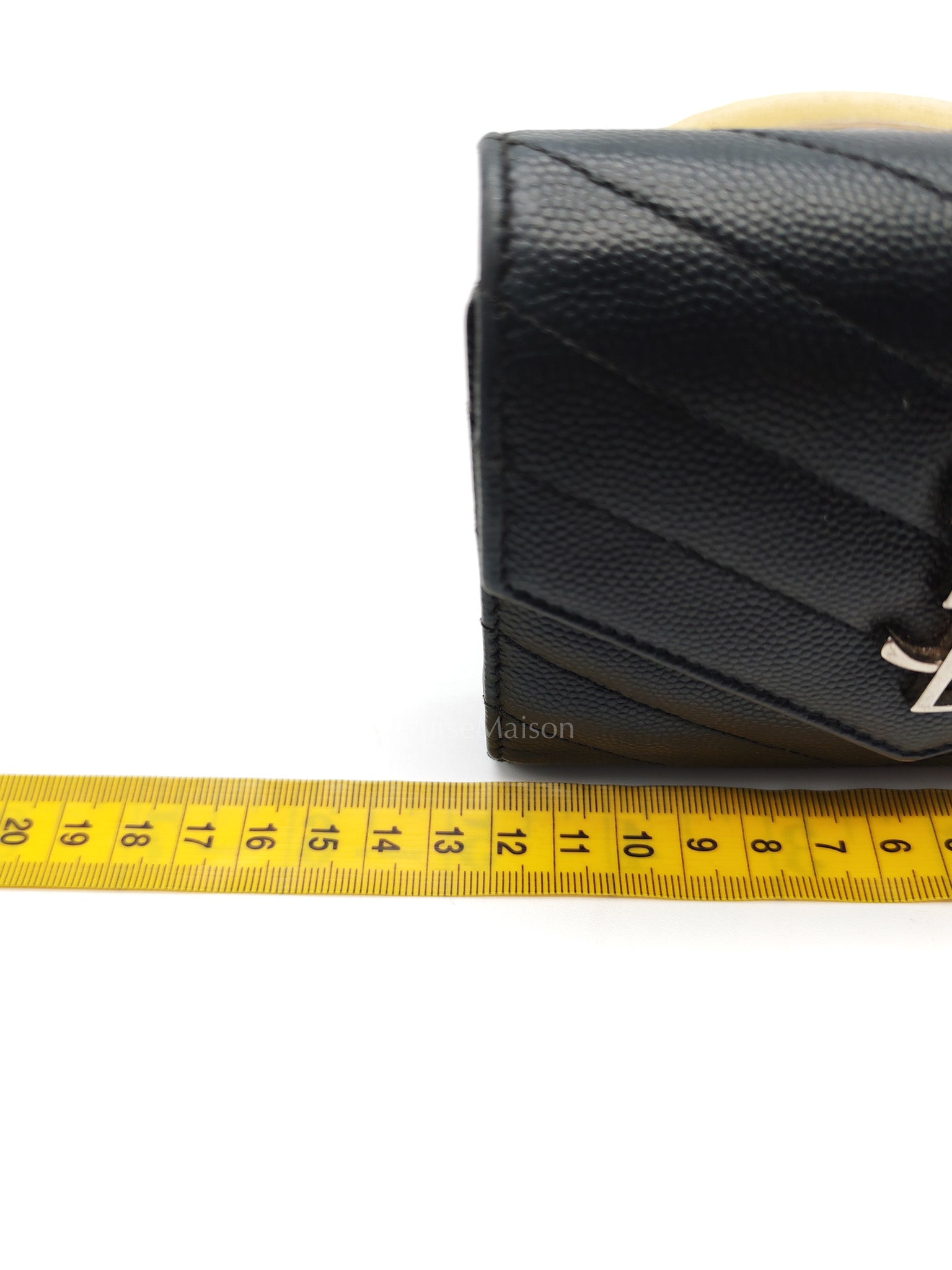 Compact Tri-fold Wallet In Black Grain de Poudre Embossed Leather & Silver Hardware