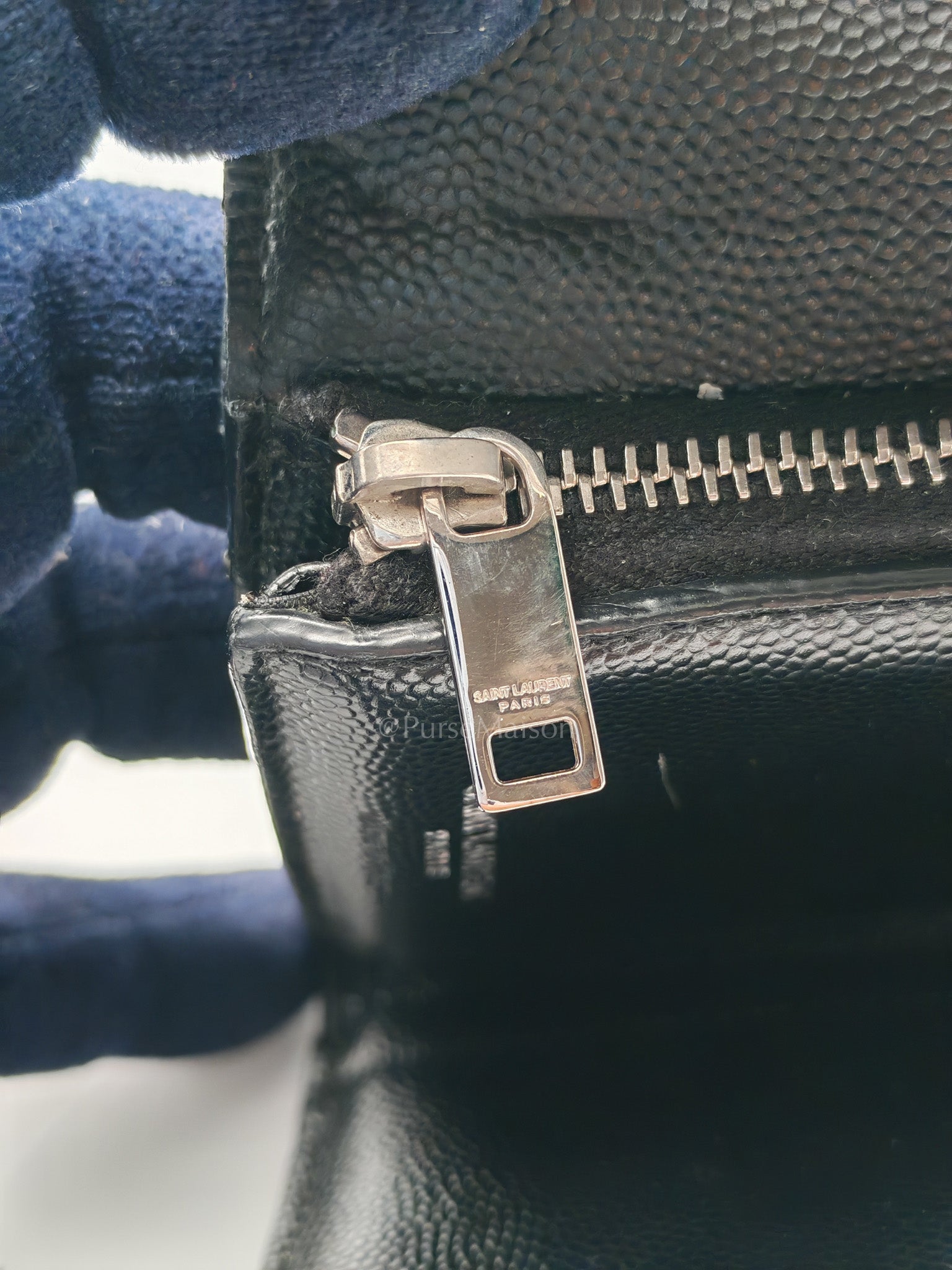 Compact Tri-fold Wallet In Black Grain de Poudre Embossed Leather & Silver Hardware
