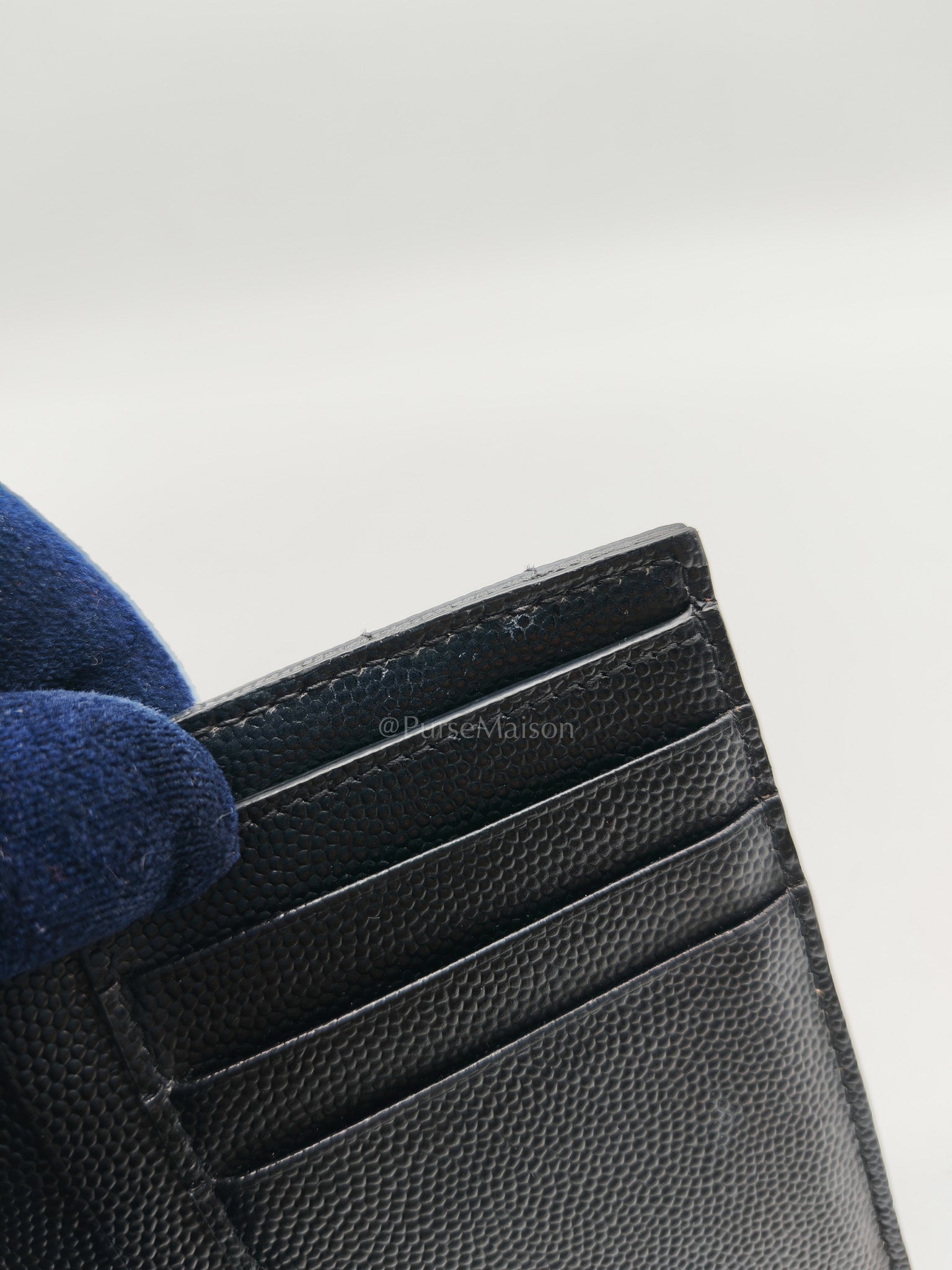 Compact Tri-fold Wallet In Black Grain de Poudre Embossed Leather & Silver Hardware