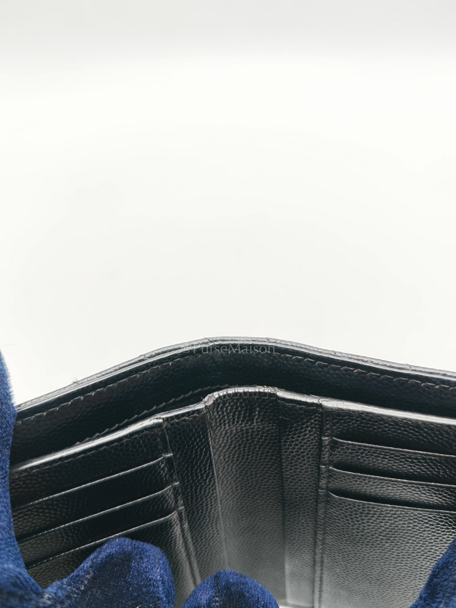 Compact Tri-fold Wallet In Black Grain de Poudre Embossed Leather & Silver Hardware