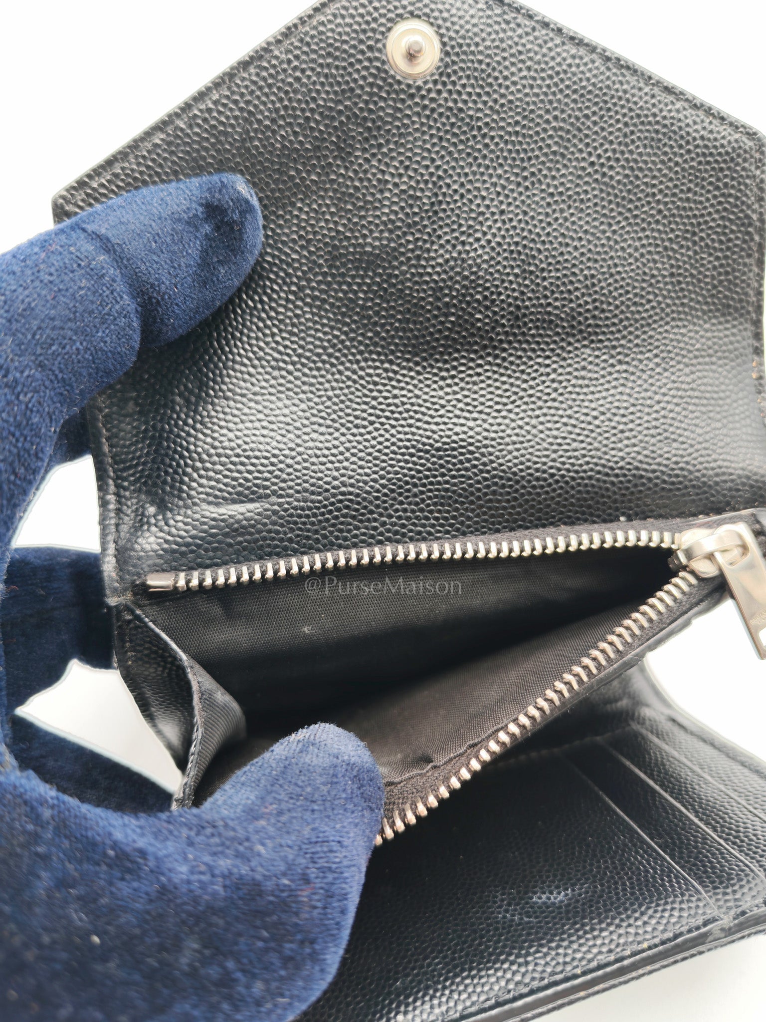 Compact Tri-fold Wallet In Black Grain de Poudre Embossed Leather & Silver Hardware