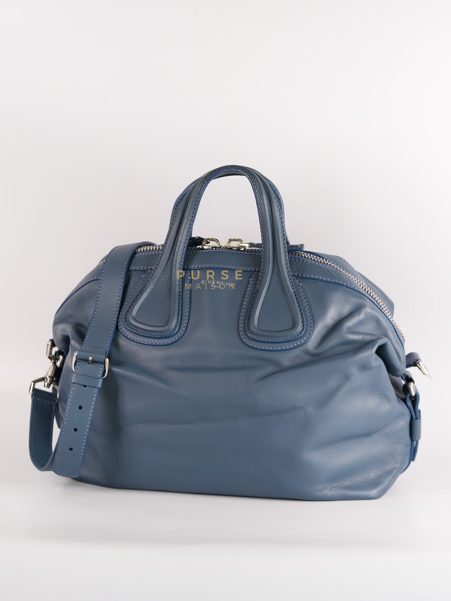 Nightingale 2way Bag Large in Blue Lambskin Leather & Silver Hardware | Purse Maison Luxury Bags Shop