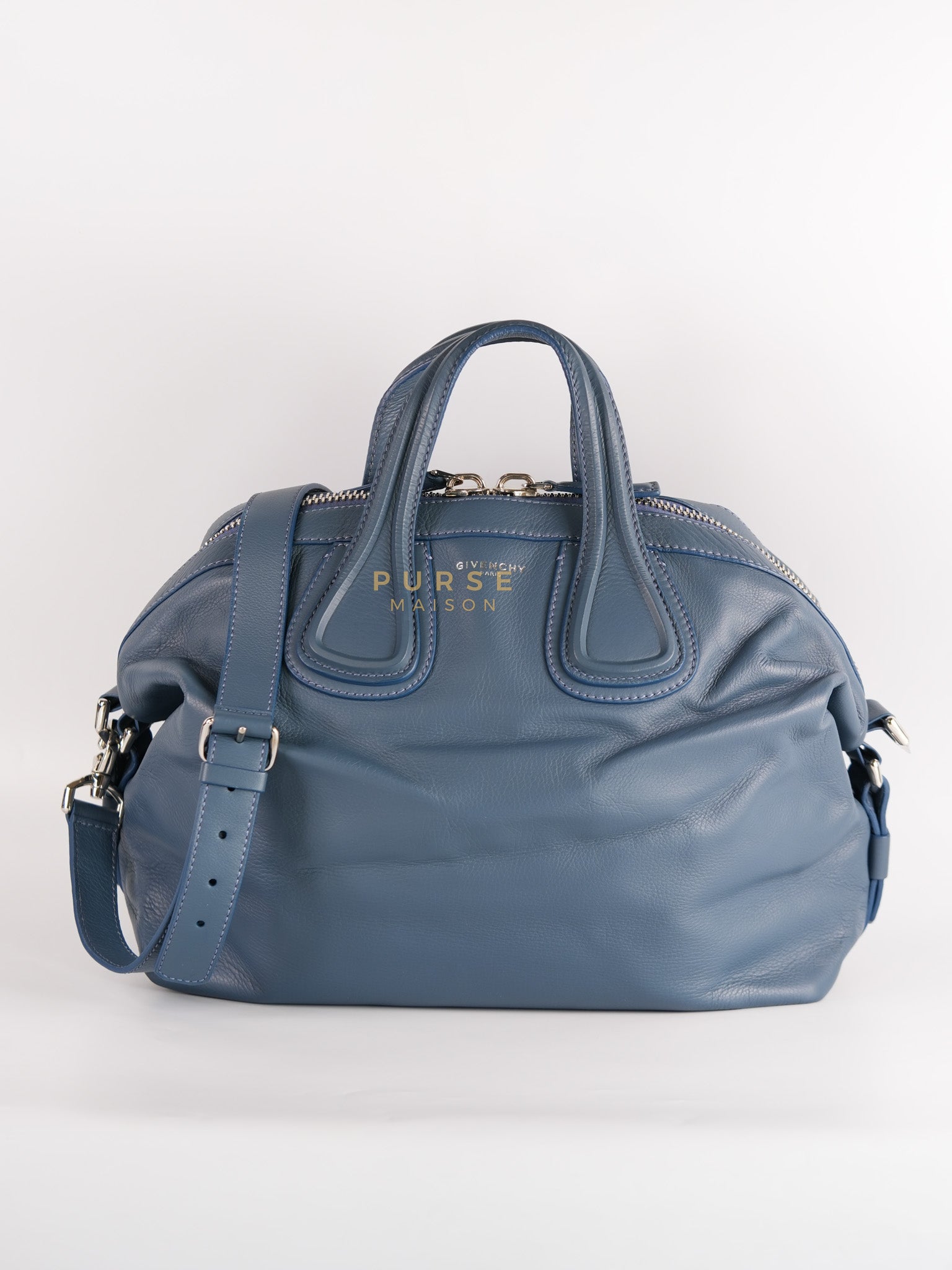 Nightingale 2way Bag Large in Blue Lambskin Leather & Silver Hardware | Purse Maison Luxury Bags Shop