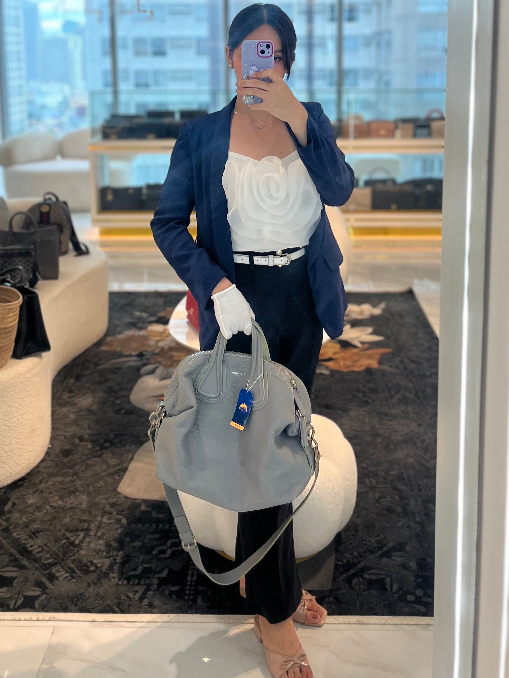 Nightingale in Large Gray Grained Calfskin Leather Shoulder Bag | Purse Maison Luxury Bags Shop