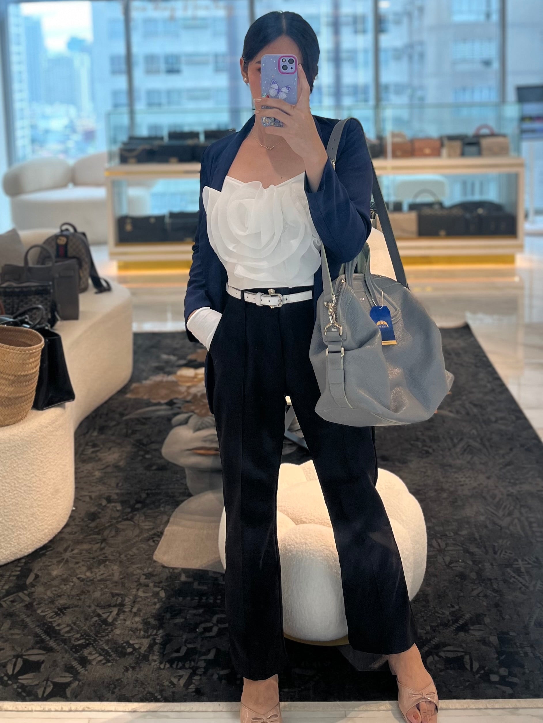 Nightingale in Large Gray Grained Calfskin Leather Shoulder Bag | Purse Maison Luxury Bags Shop