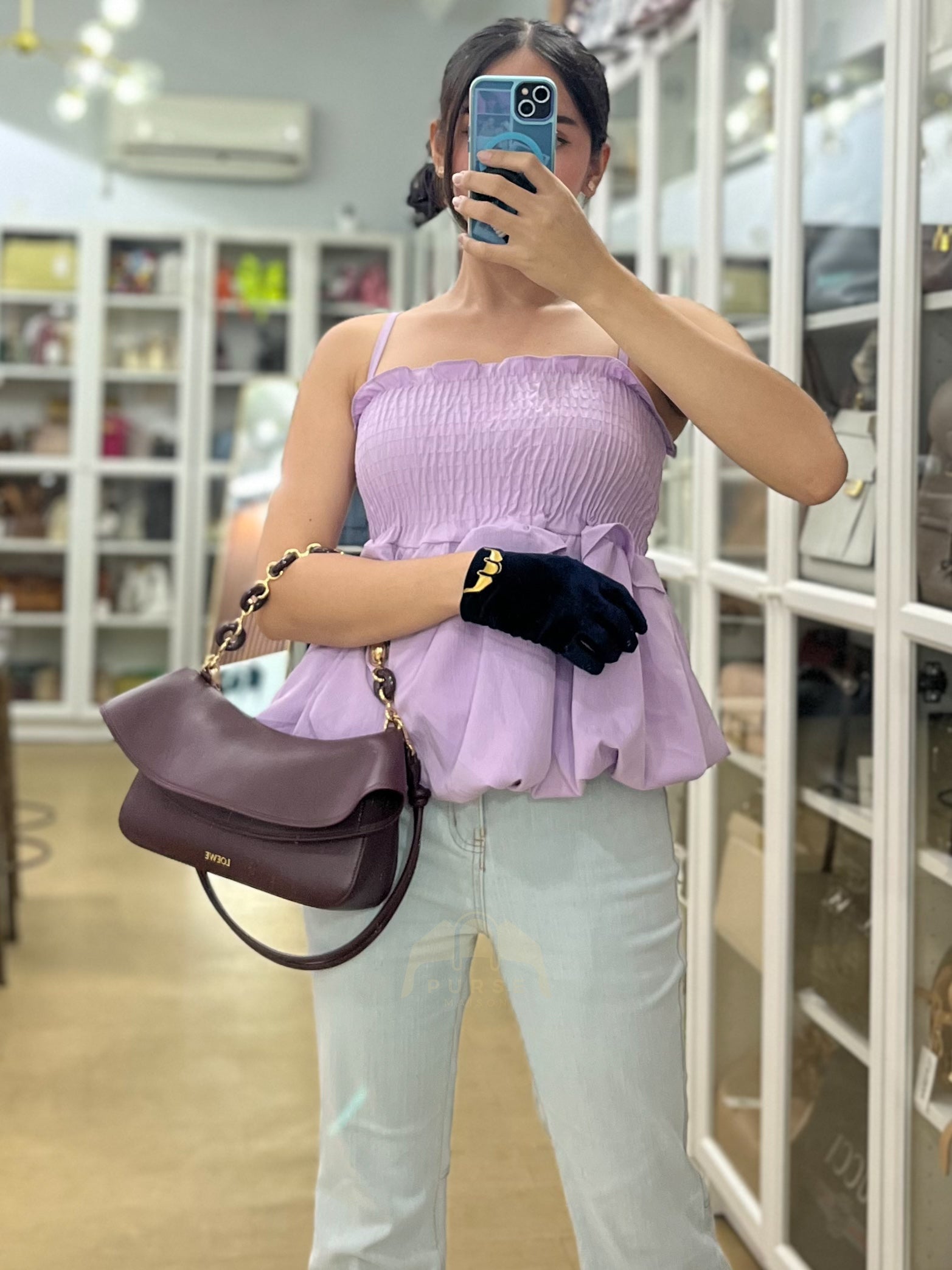 Ola Shoulder Bag Medium in Dark Burgundy Calfskin Leather & Gold Hardware | Purse Maison Luxury Bags Shop