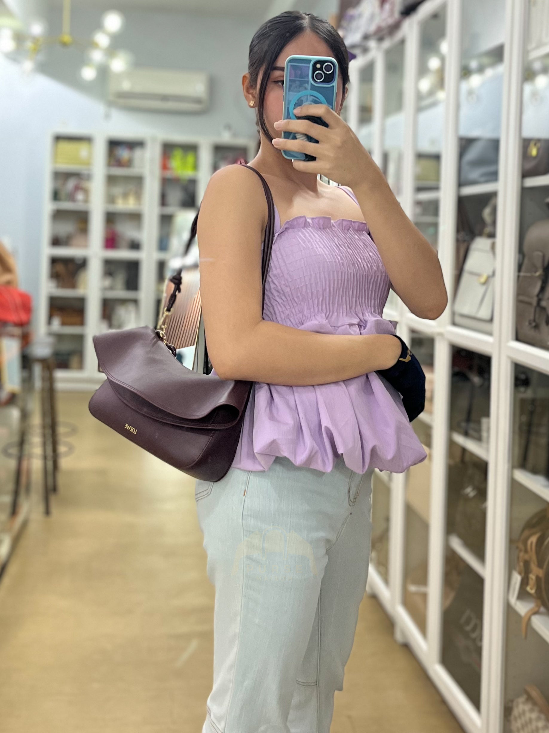 Ola Shoulder Bag Medium in Dark Burgundy Calfskin Leather & Gold Hardware | Purse Maison Luxury Bags Shop